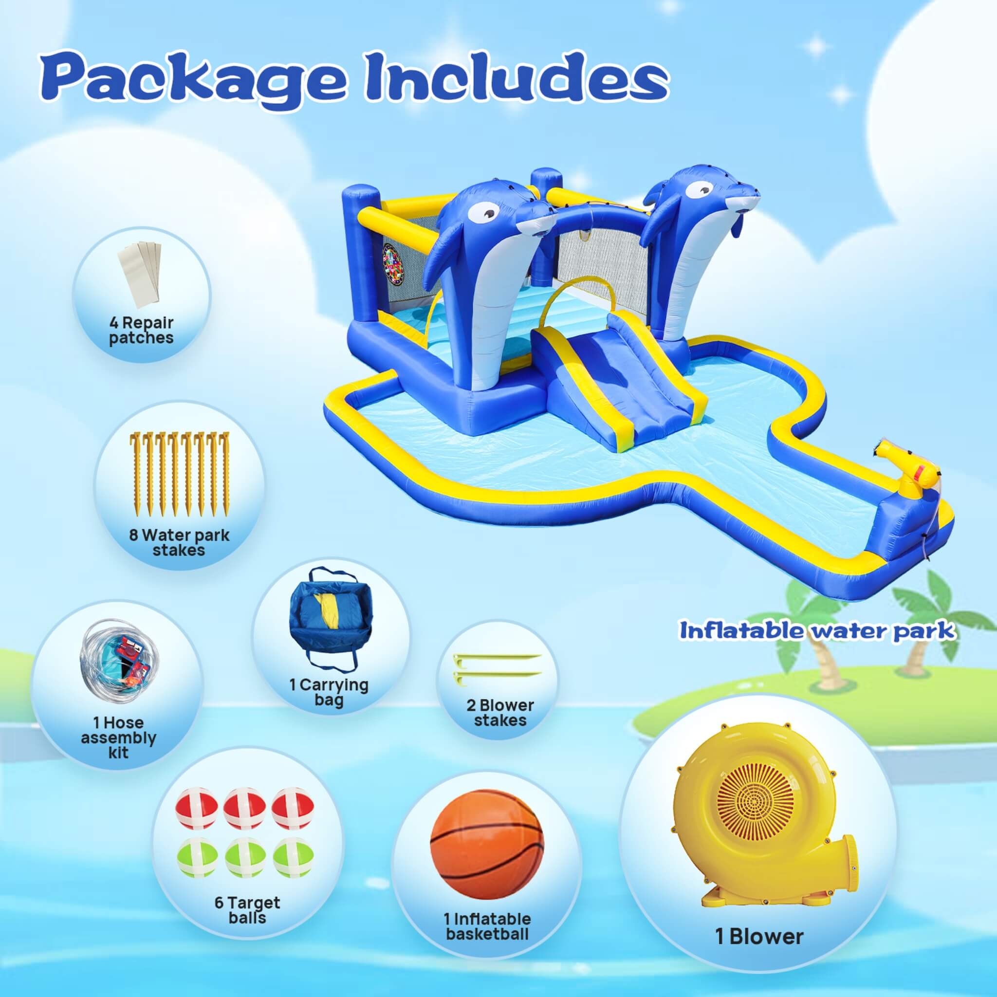 8-In-1 Inflatable Water Park Bounce House with Sprinkler, Water Gun, And Basketball Hoop (SAK38152) – SAKSBY WHOLESALE, view 