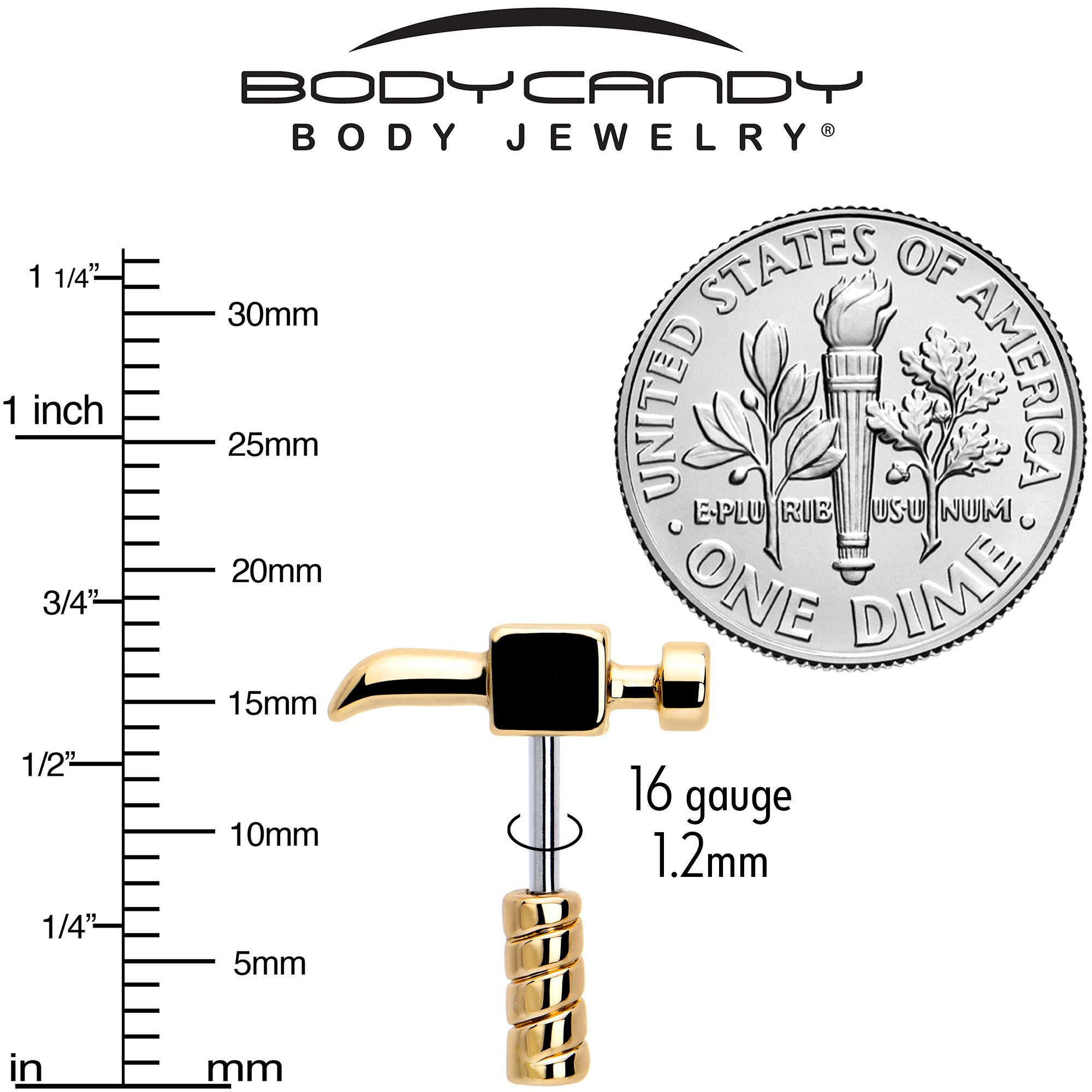 BodyCandy 16G 1/4 Gold Tone Optical Illusion Hammer Cartilage Tragus Earring — back view