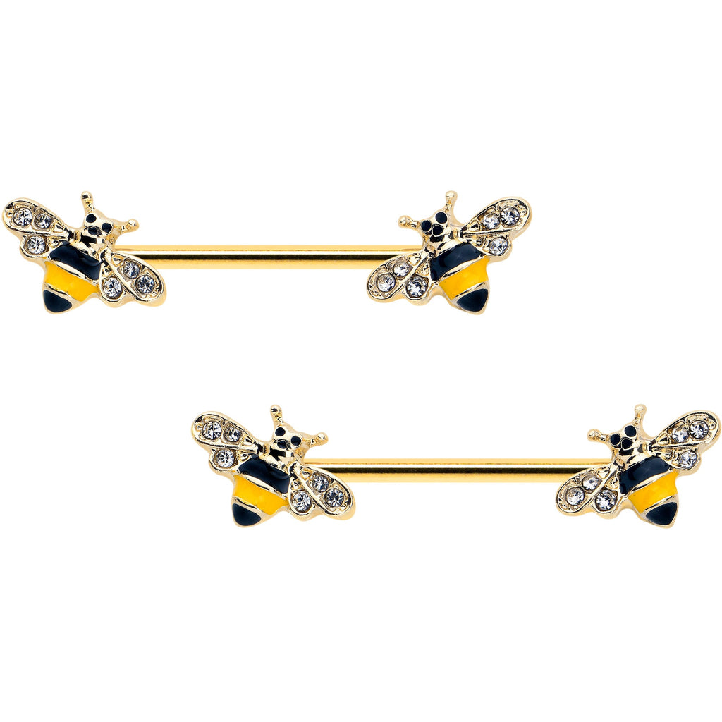 BodyCandy 14G 3/4 Clear CZ Gem Gold Tone Bee Luv Barbell Nipple Ring Set — main product shot