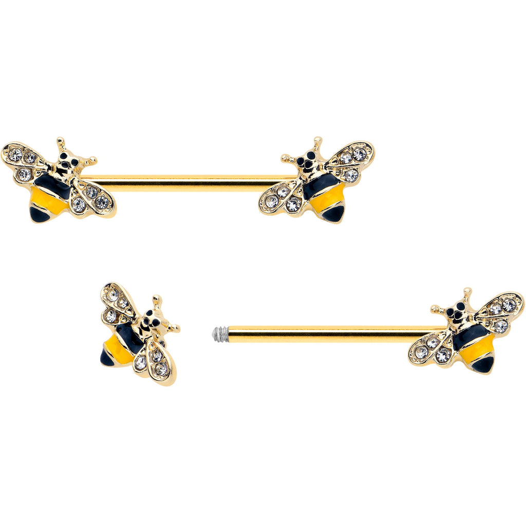 BodyCandy 14G 3/4 Clear CZ Gem Gold Tone Bee Luv Barbell Nipple Ring Set — detail close-up
