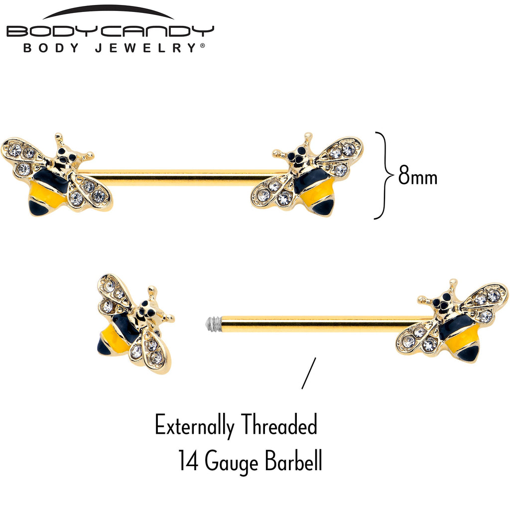 BodyCandy 14G 3/4 Clear CZ Gem Gold Tone Bee Luv Barbell Nipple Ring Set — side view