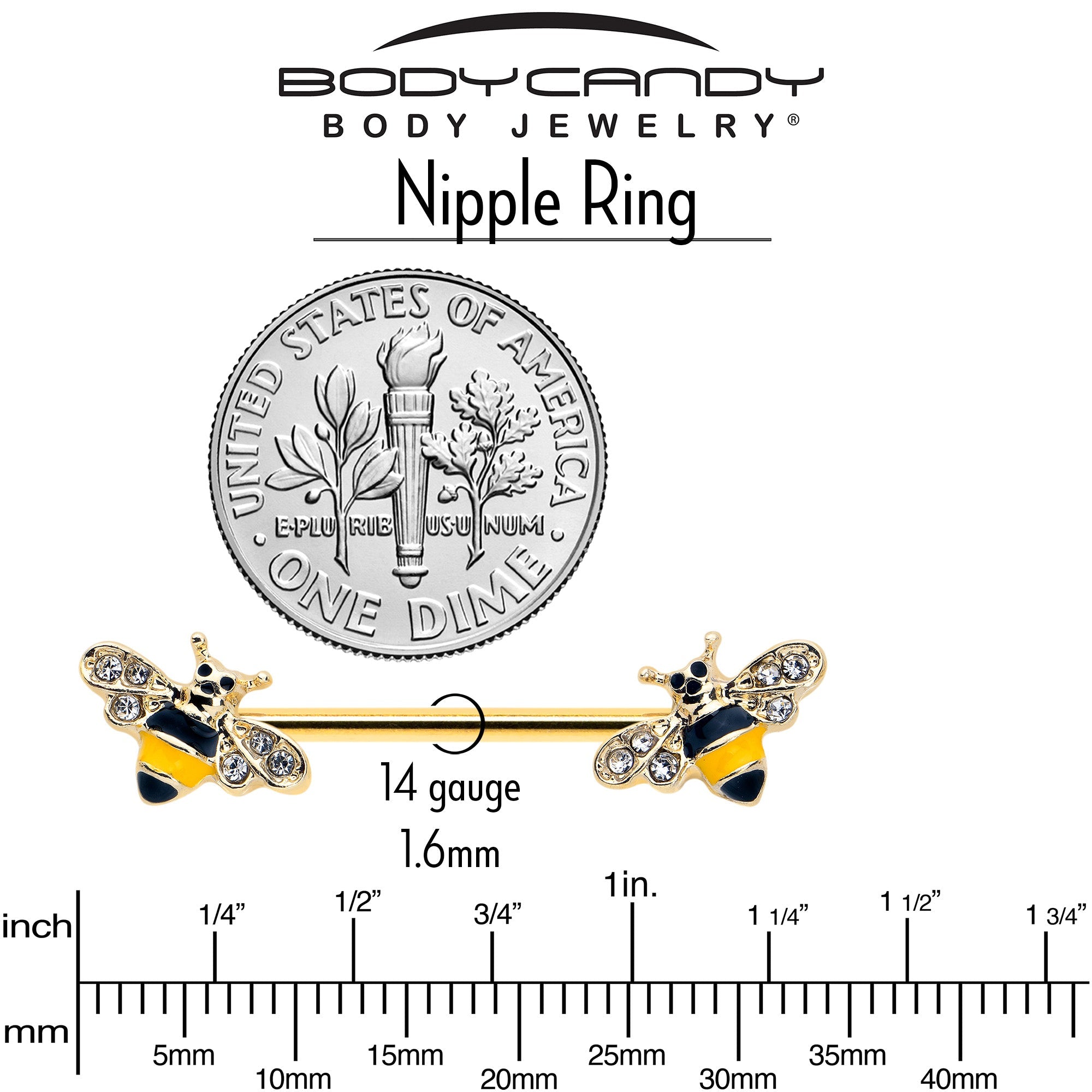 BodyCandy 14G 3/4 Clear CZ Gem Gold Tone Bee Luv Barbell Nipple Ring Set — back view