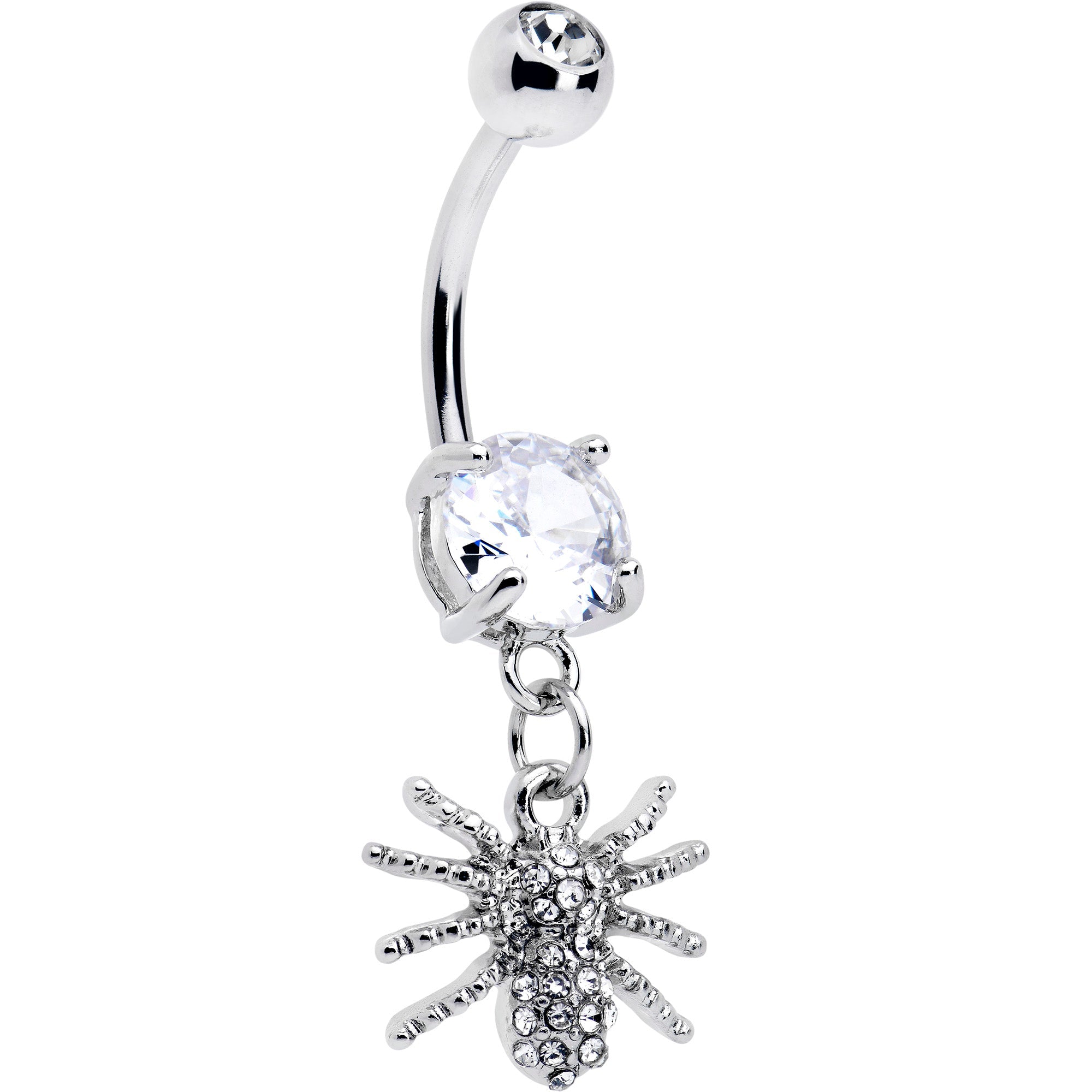 BodyCandy Clear CZ Gem Goth Glam Spider Dangle Belly Ring — detail close-up