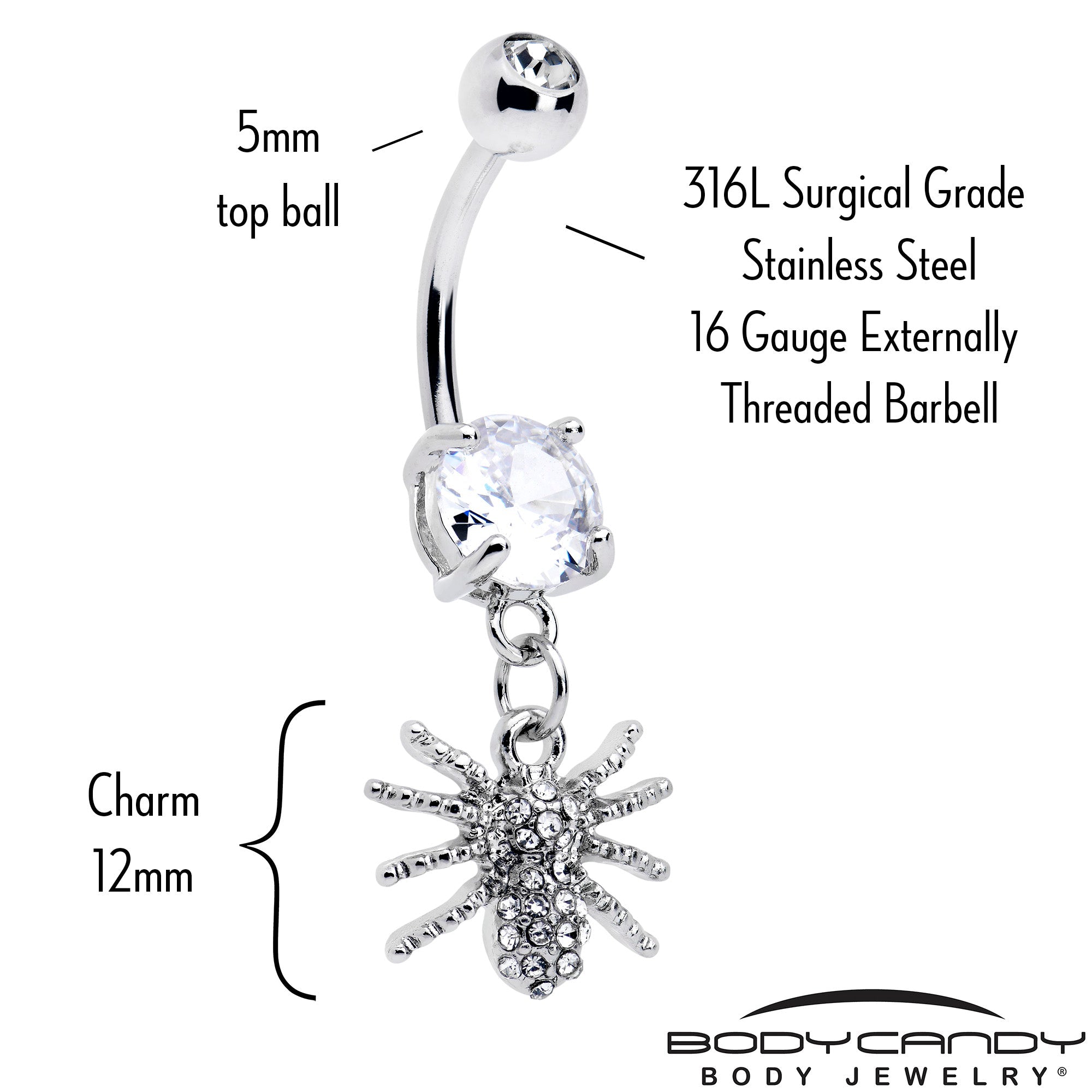 BodyCandy Clear CZ Gem Goth Glam Spider Dangle Belly Ring — lifestyle context