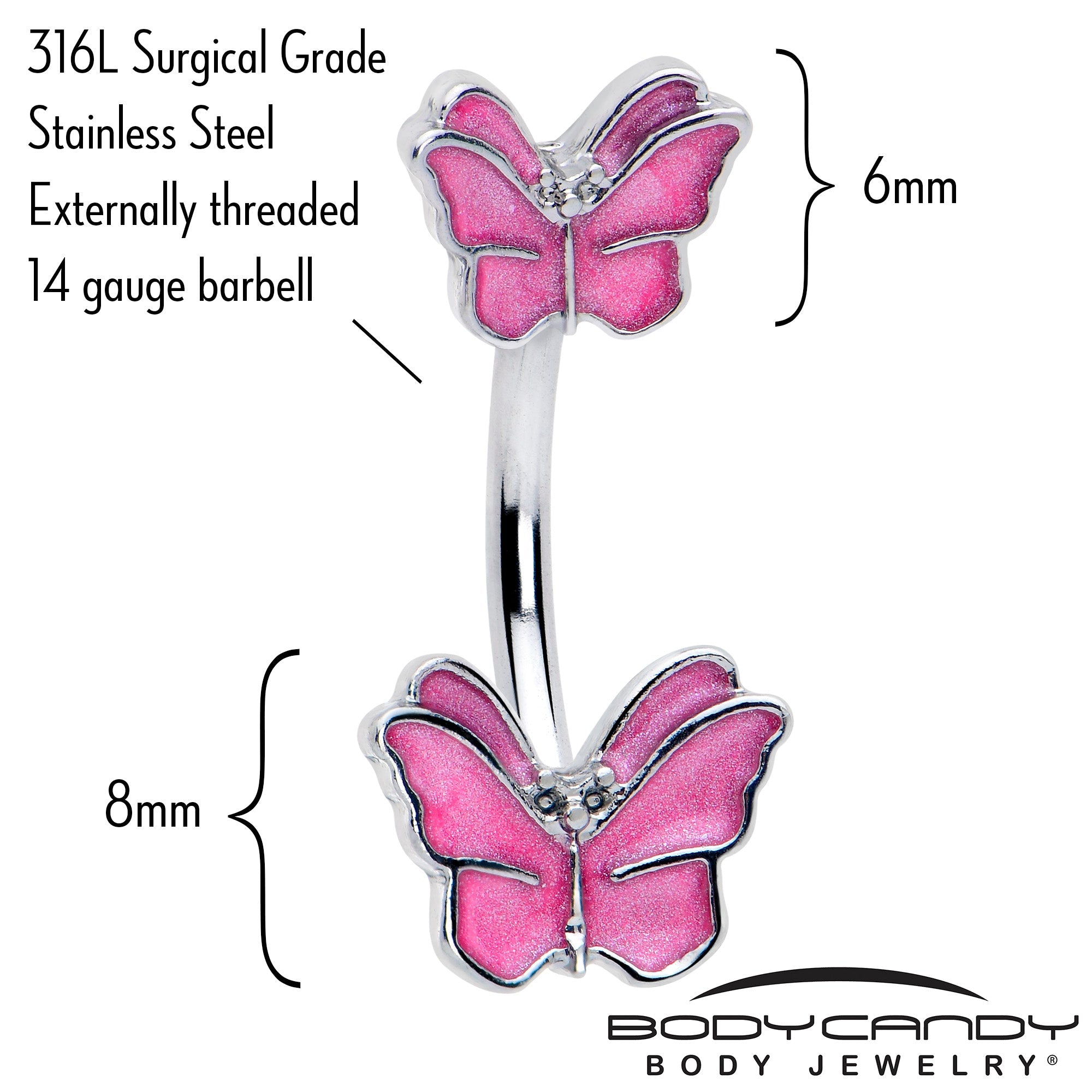 BodyCandy Simply Butterfly Pink Double Mount Belly Ring — detail close-up