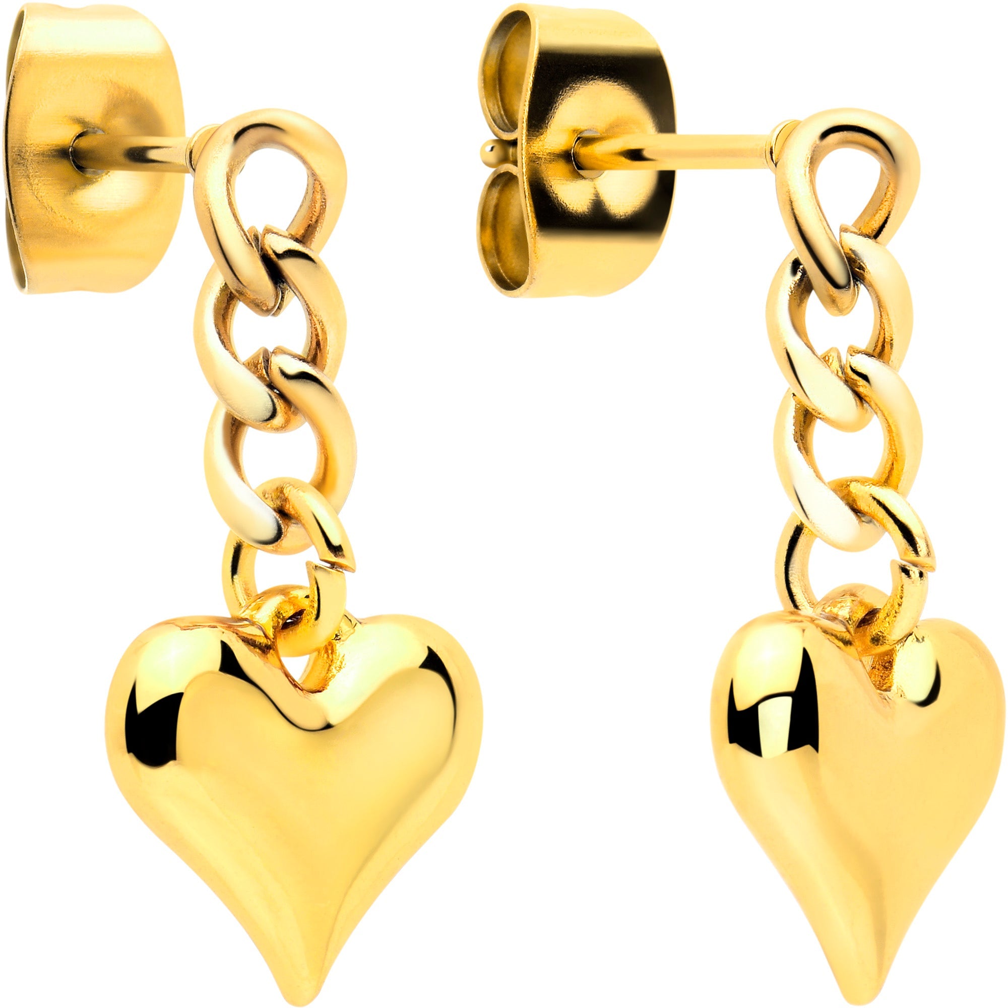 BodyCandy Gold Tone Chain Dangle Heart Stud Earrings — main product shot