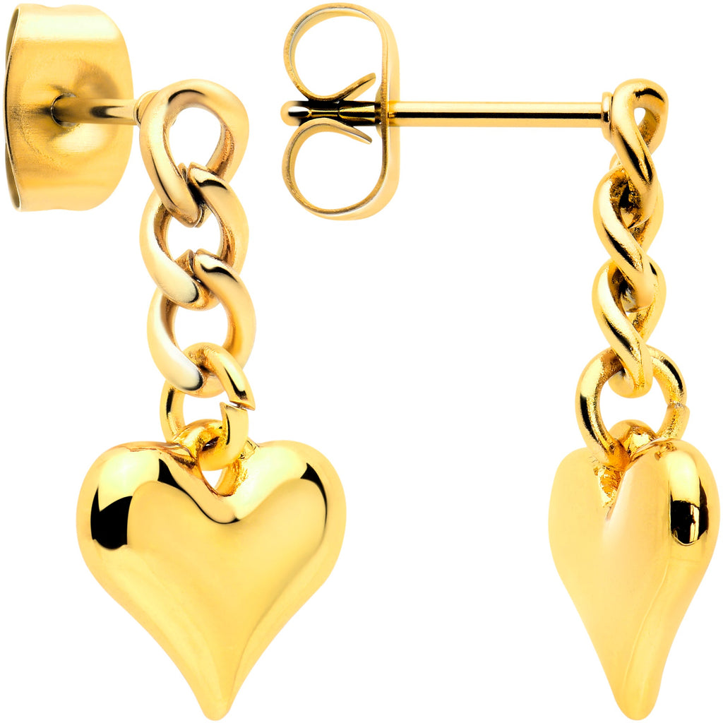 BodyCandy Gold Tone Chain Dangle Heart Stud Earrings — detail close-up