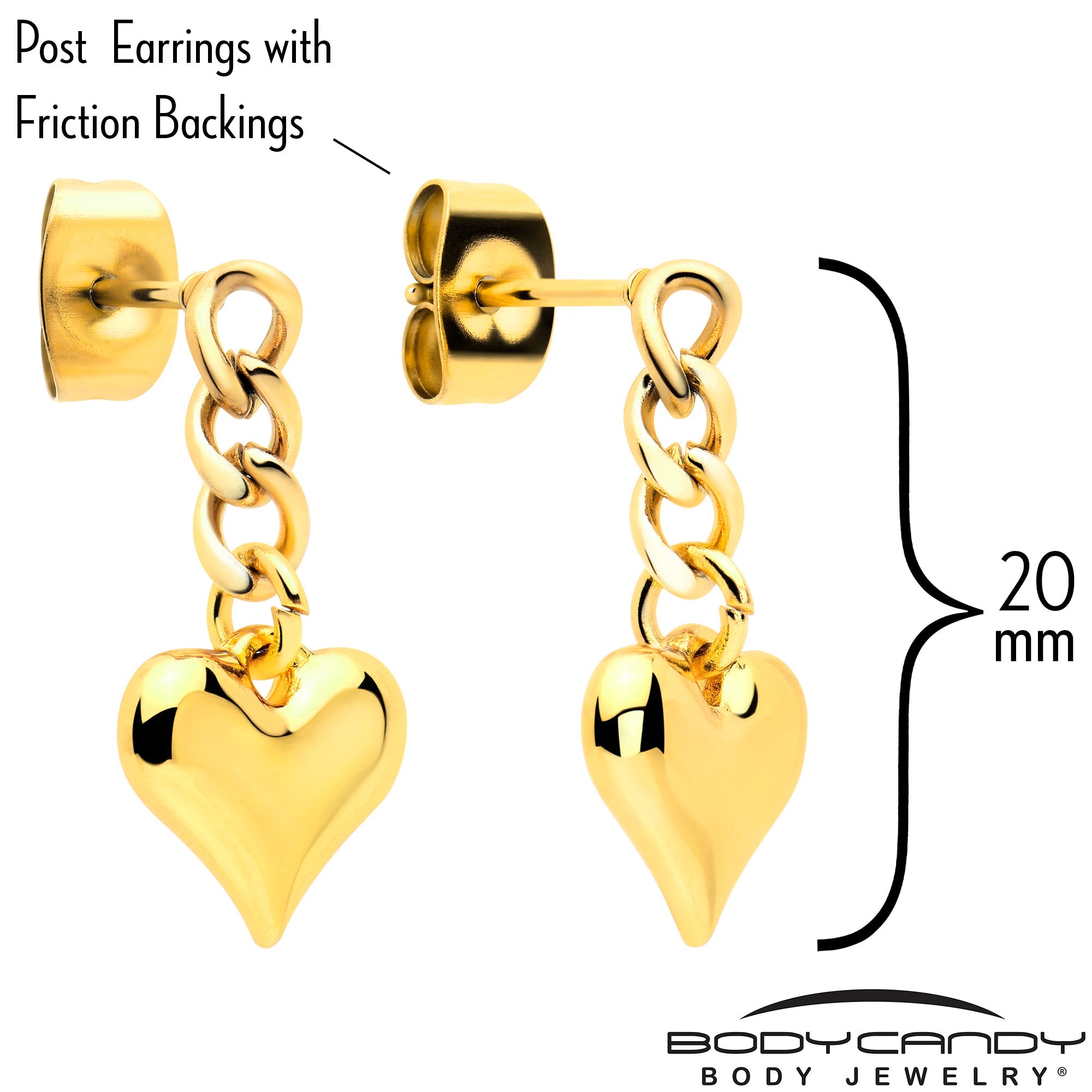 BodyCandy Gold Tone Chain Dangle Heart Stud Earrings — lifestyle context