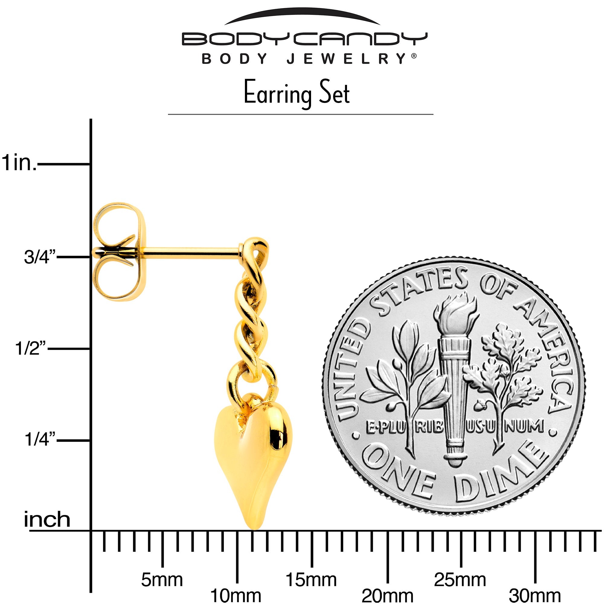 BodyCandy Gold Tone Chain Dangle Heart Stud Earrings — side view