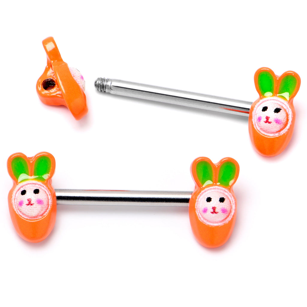 BodyCandy 14G 9/16 Surprise Carrot Easter Bunny Barbell Nipple Ring Set — side view