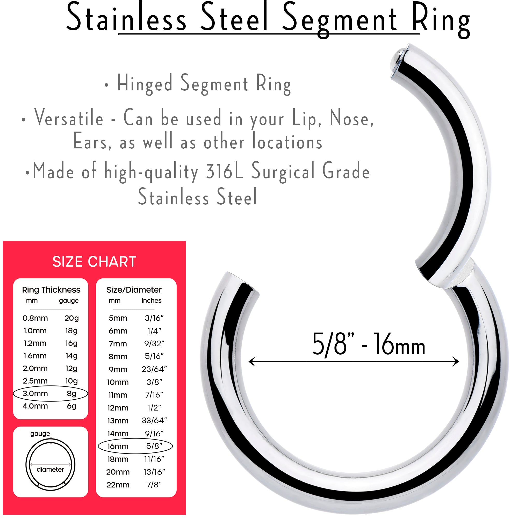 BodyCandy 8G 5/8 316L Surgical Steel Precision Hinged Segment Hoop — lifestyle context