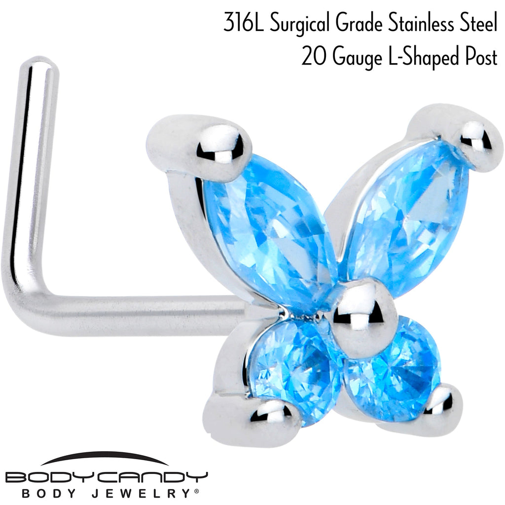BodyCandy 20G 7mm Blue CZ Gem Open Wing Butterfly L Shape Nose Ring — detail close-up