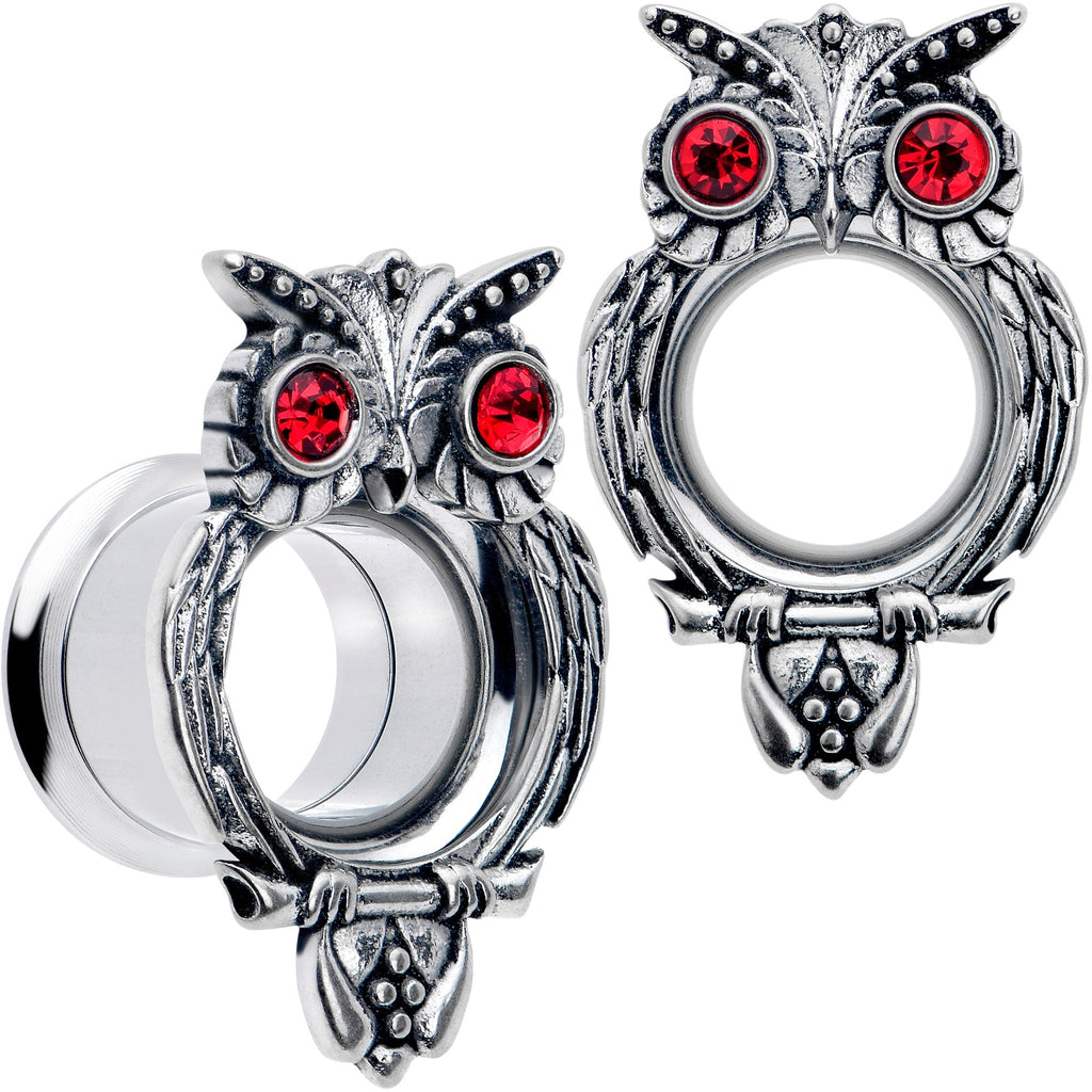 BodyCandy Red CZ Gem Wise Owl Screw Fit Tunnel Plug Set Available Sizes 6mm to 16mm — packaging