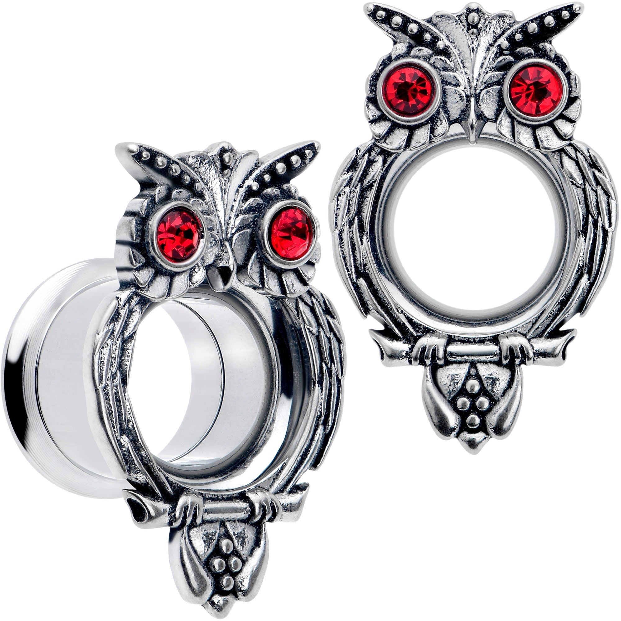 BodyCandy Red CZ Gem Wise Owl Screw Fit Tunnel Plug Set Available Sizes 6mm to 16mm — packaging