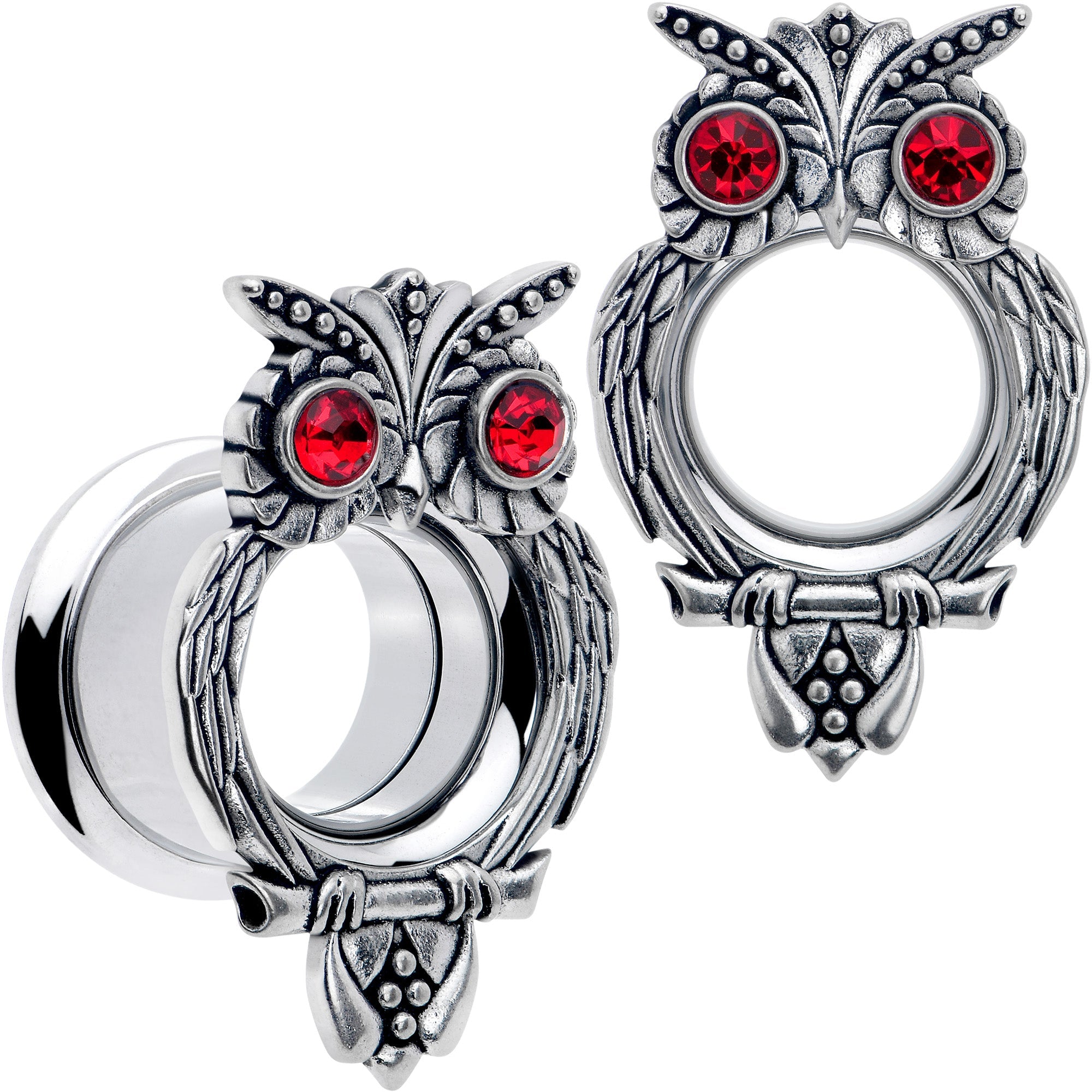BodyCandy Red CZ Gem Wise Owl Screw Fit Tunnel Plug Set Available Sizes 6mm to 16mm — comparison shot