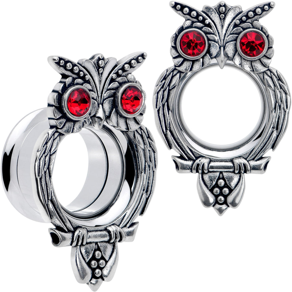 BodyCandy Red CZ Gem Wise Owl Screw Fit Tunnel Plug Set Available Sizes 6mm to 16mm — fabric or material detail