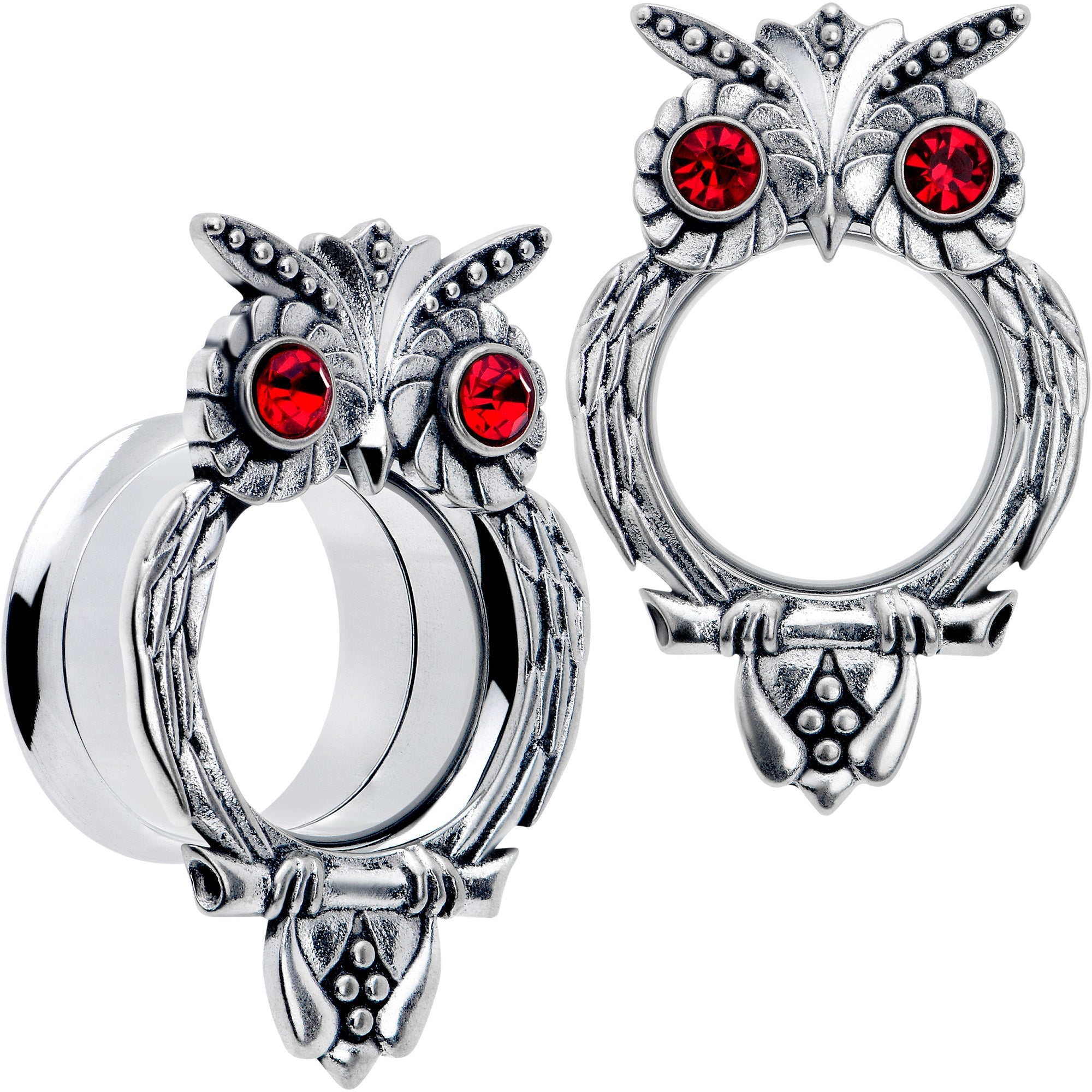 BodyCandy Red CZ Gem Wise Owl Screw Fit Tunnel Plug Set Available Sizes 6mm to 16mm — feature highlight