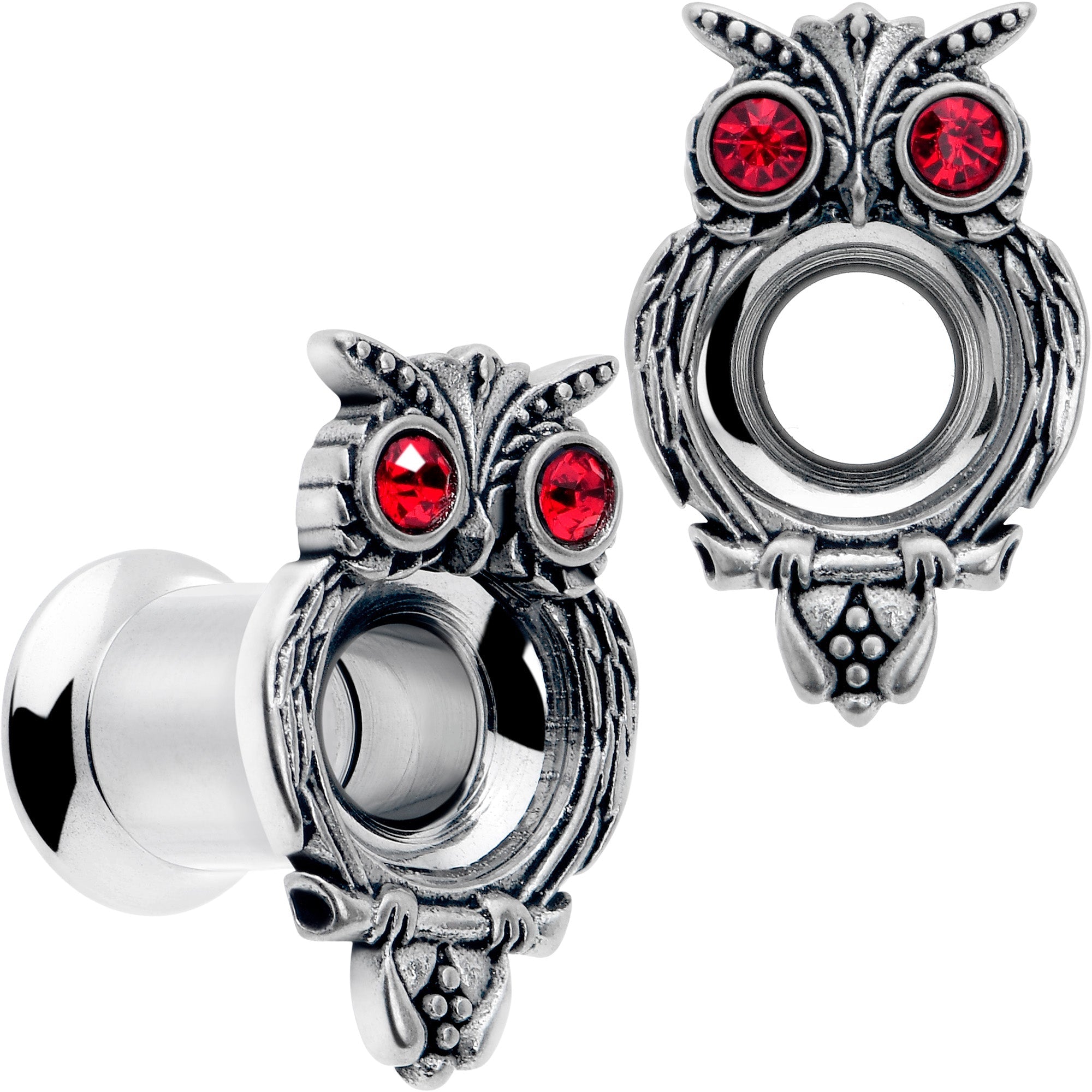 BodyCandy Red CZ Gem Wise Owl Screw Fit Tunnel Plug Set Available Sizes 6mm to 16mm — size reference
