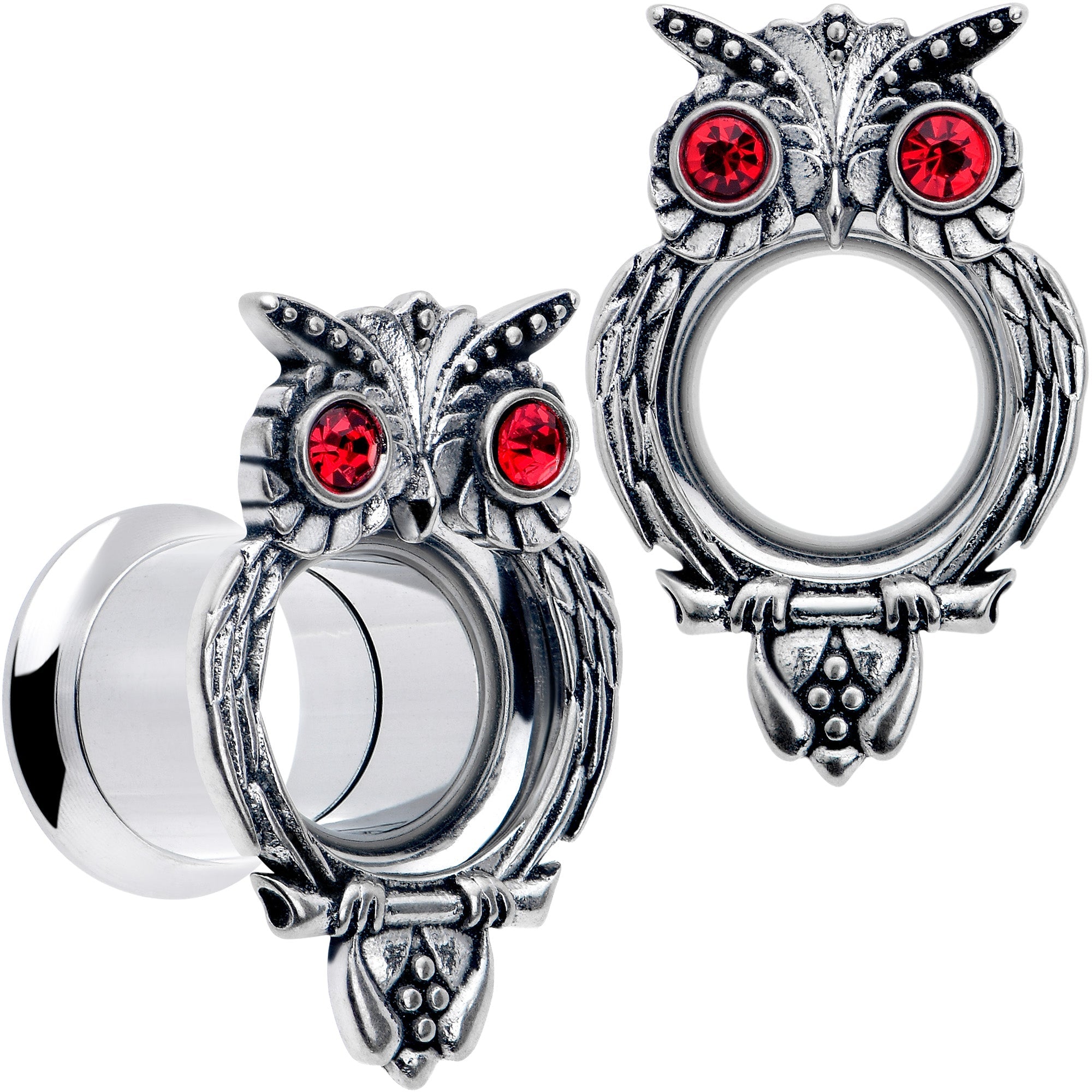 BodyCandy Red CZ Gem Wise Owl Screw Fit Tunnel Plug Set Available Sizes 6mm to 16mm — color detail