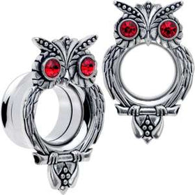 Red CZ Gem Wise Owl Screw Fit Tunnel Plug Set Available Sizes 6mm to 16mm