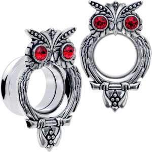 BodyCandy Red CZ Gem Wise Owl Screw Fit Tunnel Plug Set Available Sizes 6mm to 16mm — main product shot