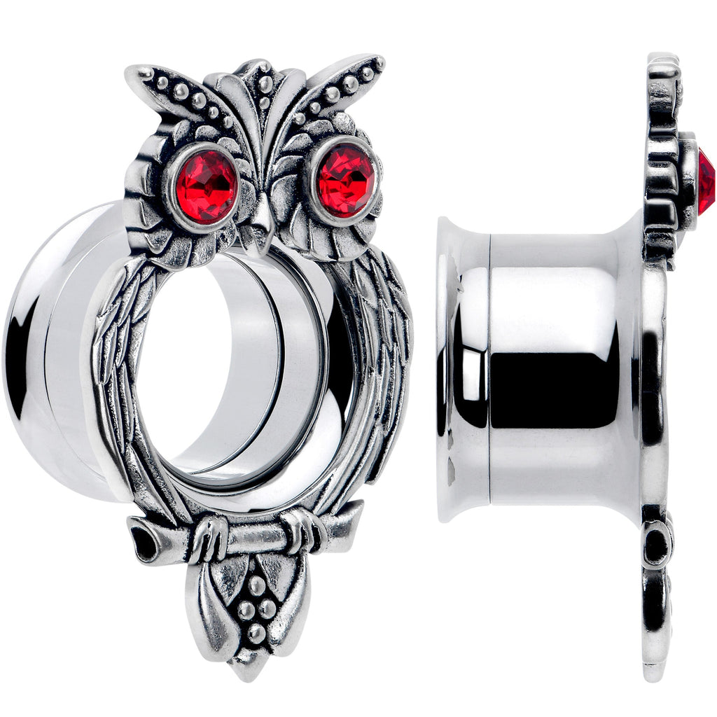 BodyCandy Red CZ Gem Wise Owl Screw Fit Tunnel Plug Set Available Sizes 6mm to 16mm — detail close-up