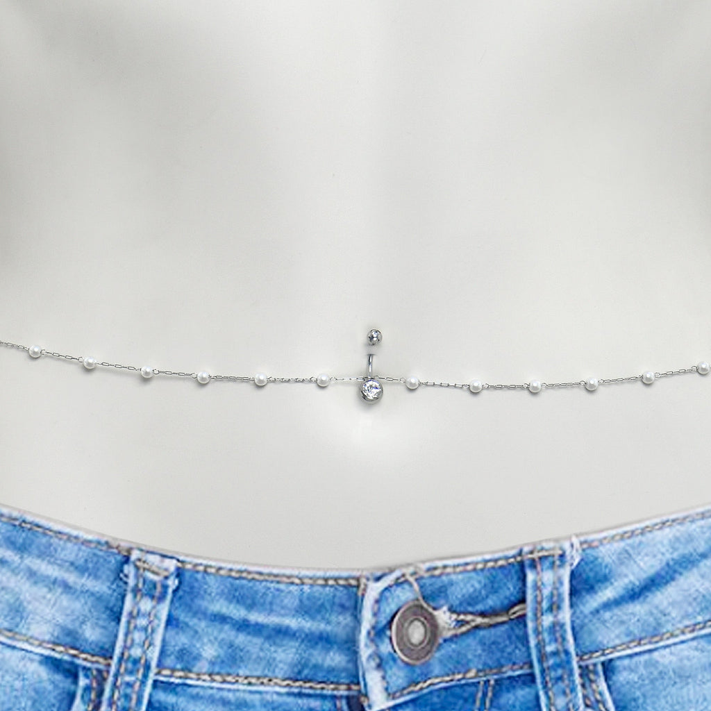BodyCandy Clear CZ Gem Innocent Glam Faux Pearl Belly Ring Belly Chain — detail close-up