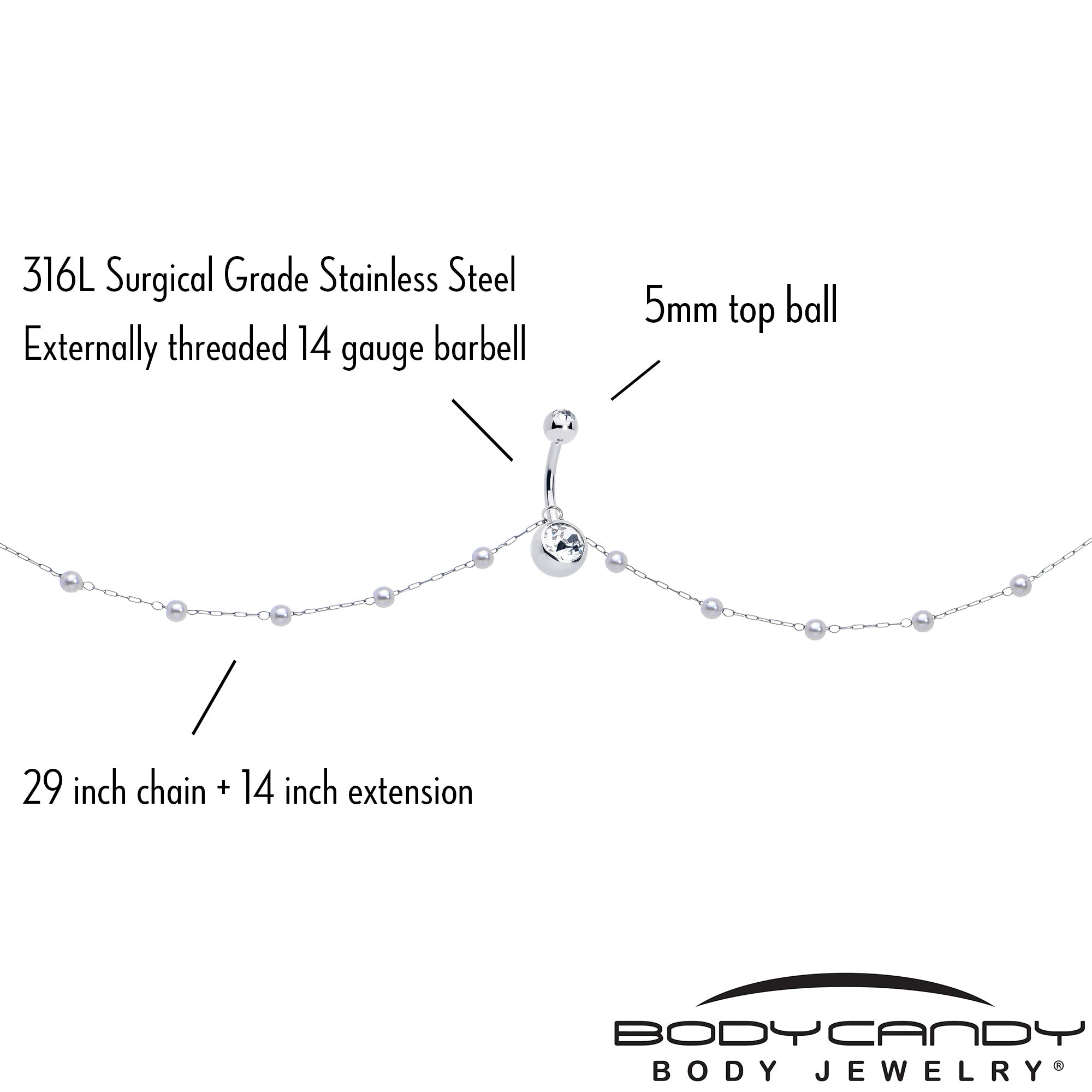BodyCandy Clear CZ Gem Innocent Glam Faux Pearl Belly Ring Belly Chain — side view