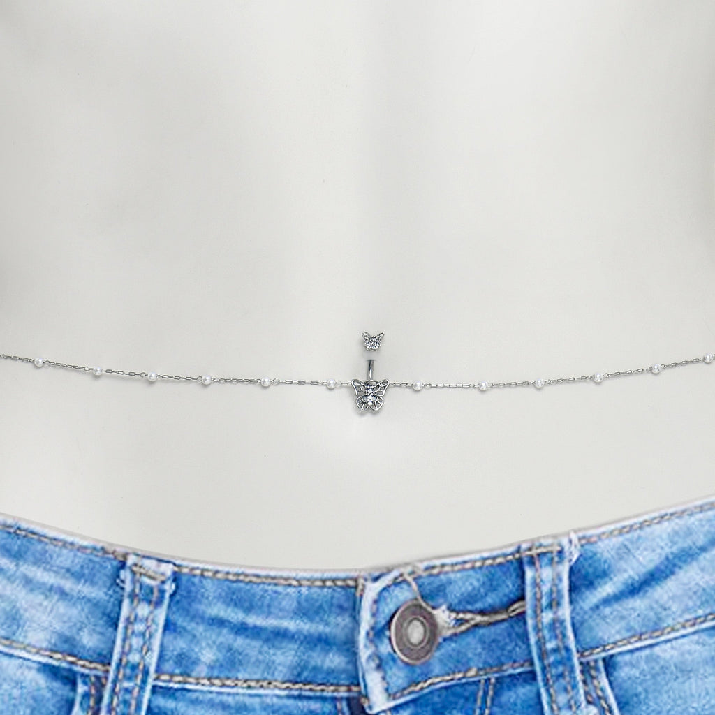 BodyCandy Clear CZ Gem Butterfly Faux Pearl Double Mount Belly Ring Belly Chain — detail close-up