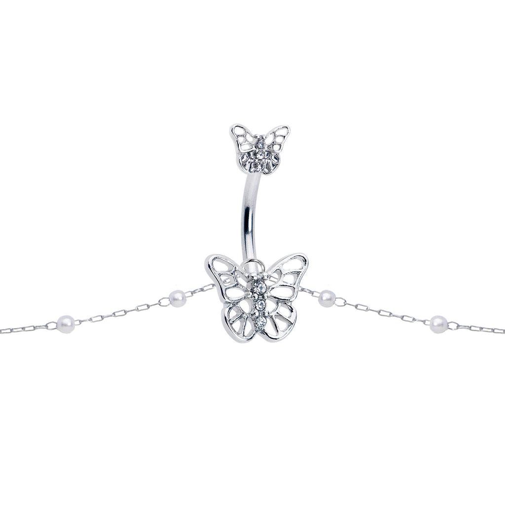 BodyCandy Clear CZ Gem Butterfly Faux Pearl Double Mount Belly Ring Belly Chain — lifestyle context