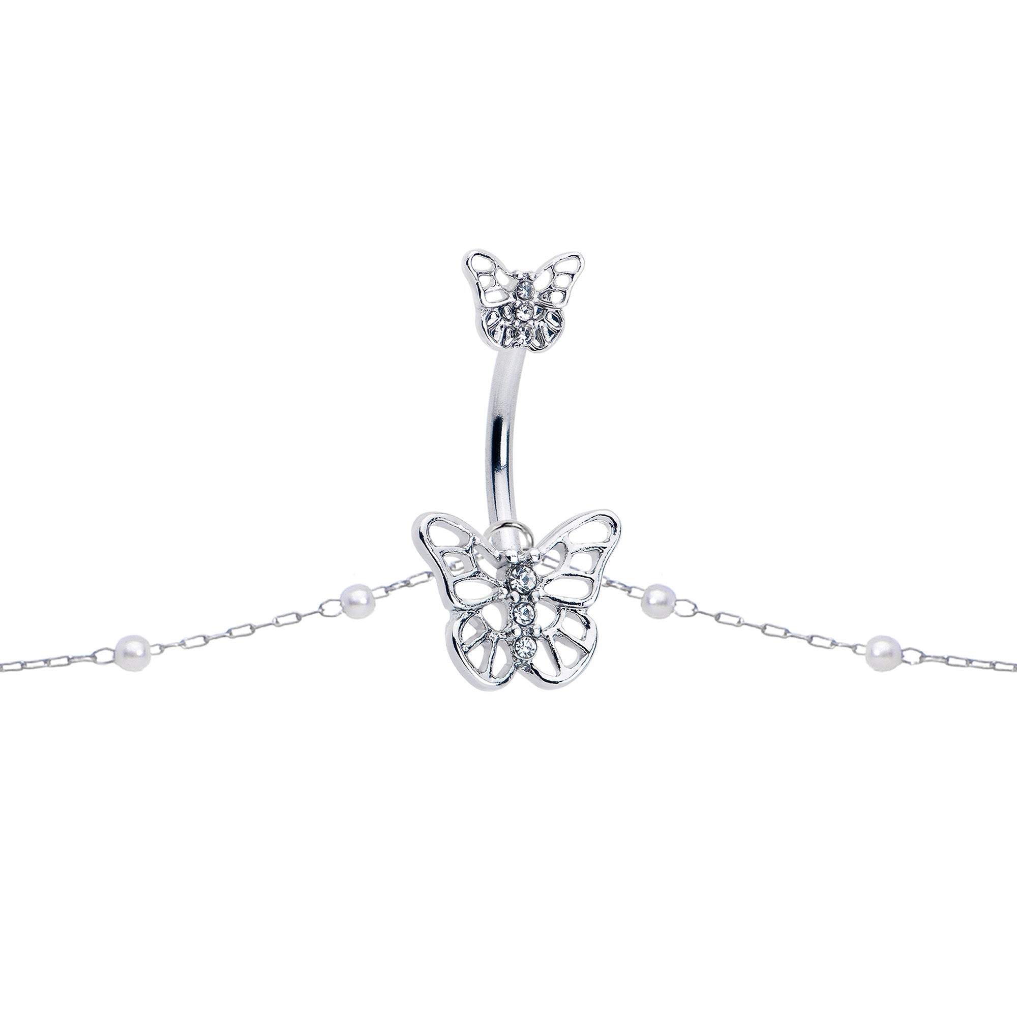 BodyCandy Clear CZ Gem Butterfly Faux Pearl Double Mount Belly Ring Belly Chain — lifestyle context