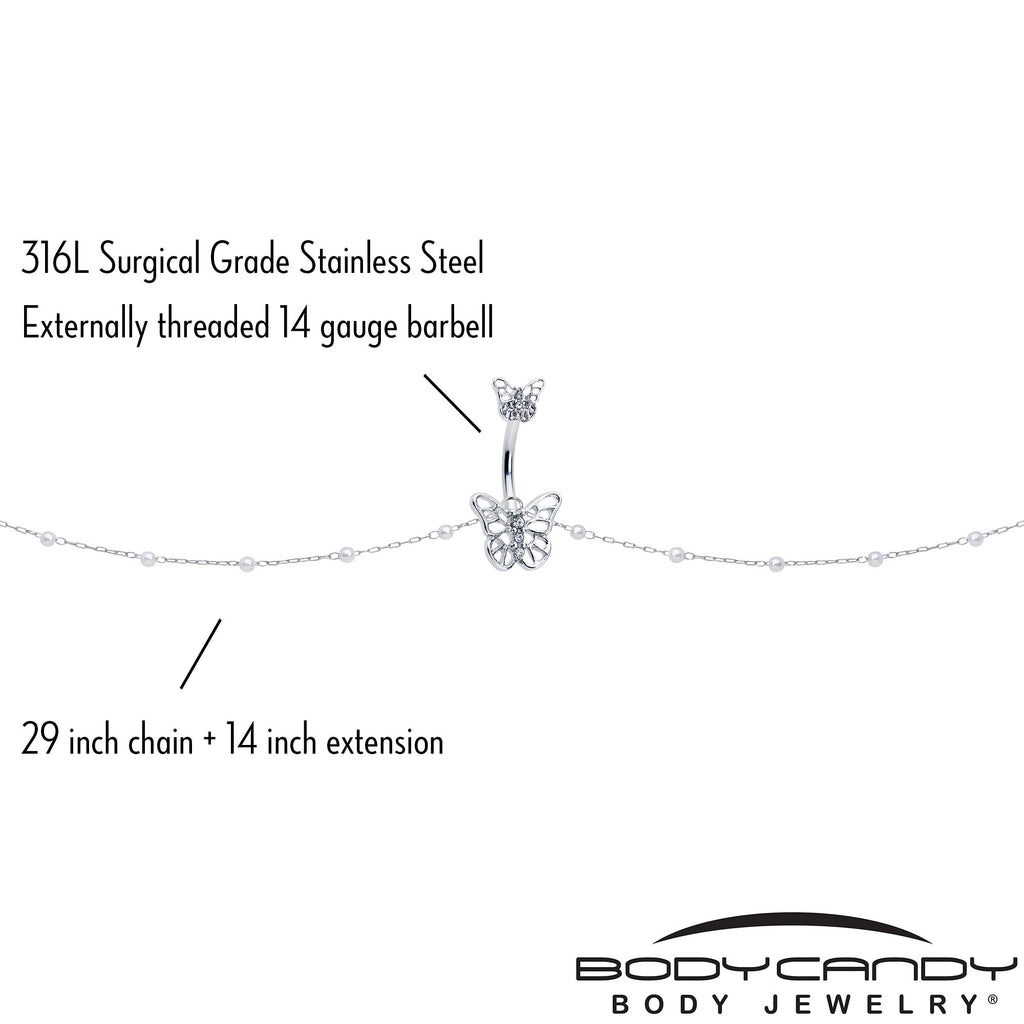 BodyCandy Clear CZ Gem Butterfly Faux Pearl Double Mount Belly Ring Belly Chain — side view