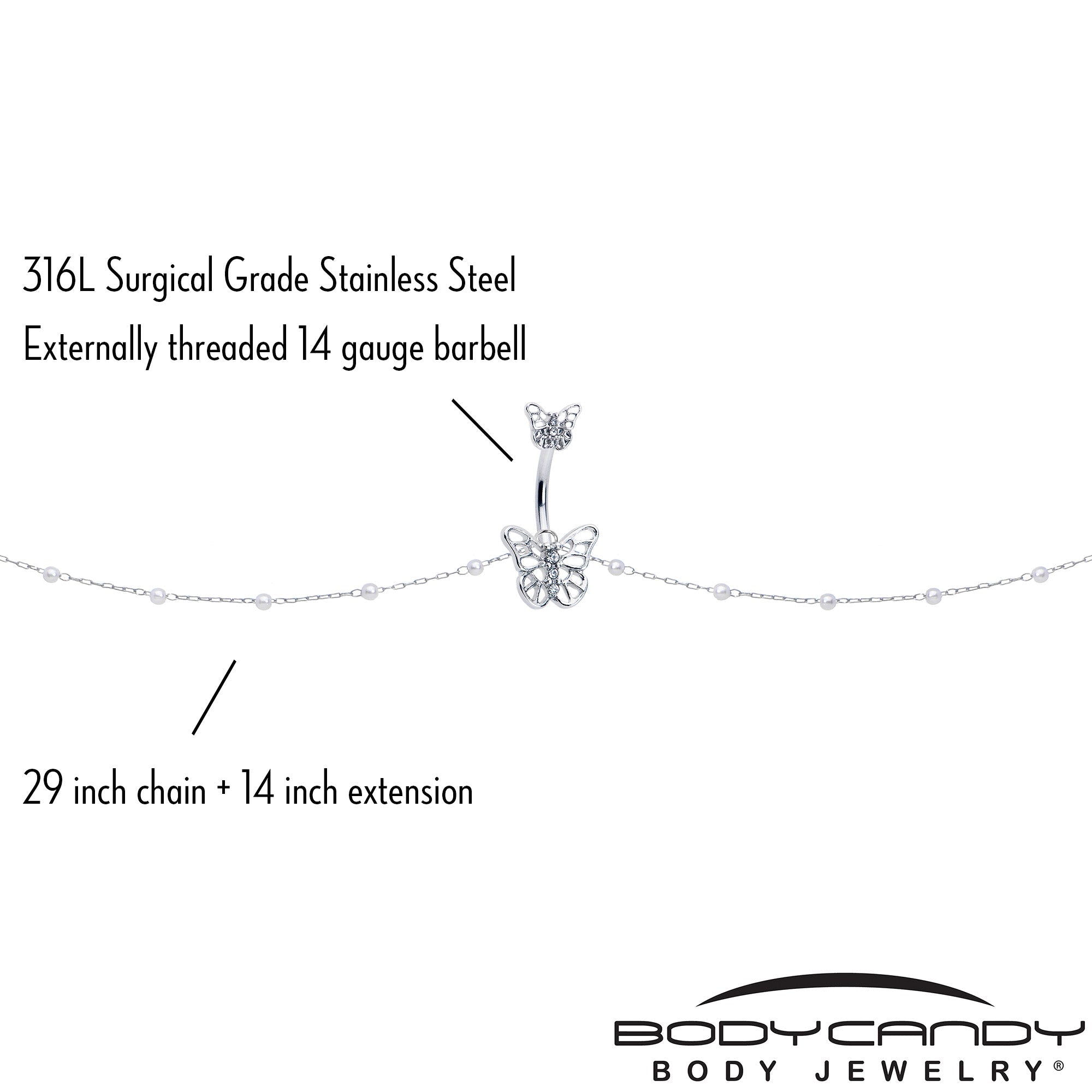 BodyCandy Clear CZ Gem Butterfly Faux Pearl Double Mount Belly Ring Belly Chain — side view