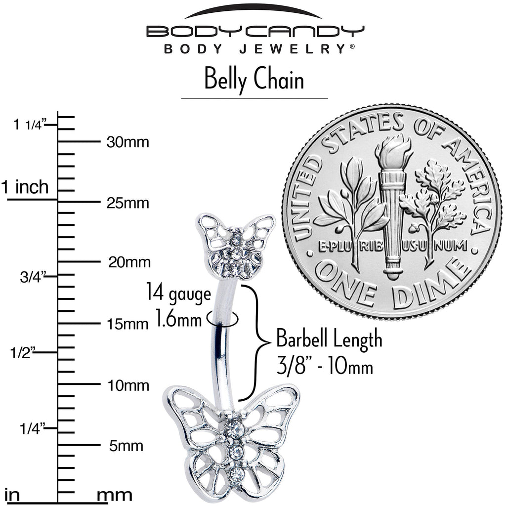 BodyCandy Clear CZ Gem Butterfly Faux Pearl Double Mount Belly Ring Belly Chain — back view