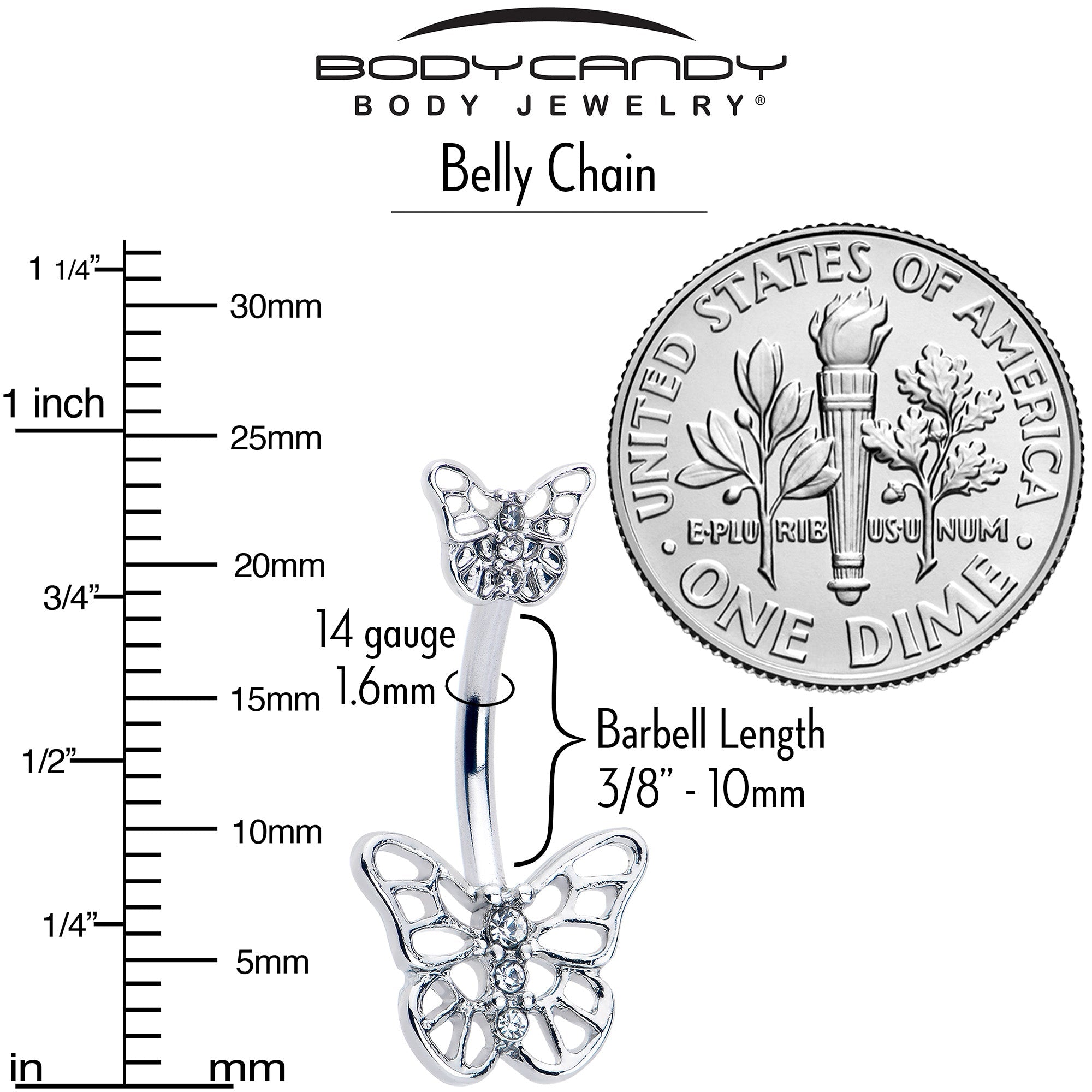 BodyCandy Clear CZ Gem Butterfly Faux Pearl Double Mount Belly Ring Belly Chain — back view