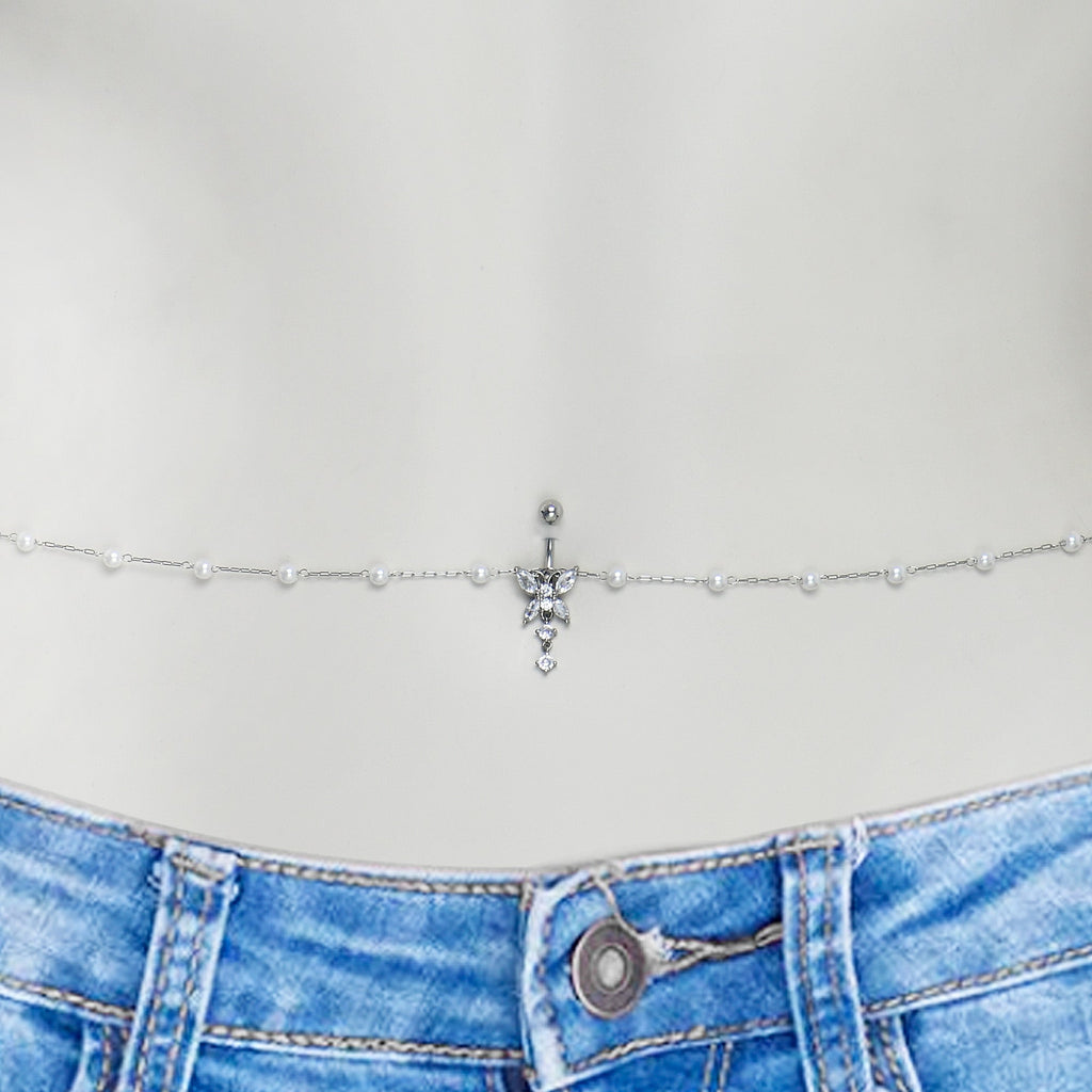 BodyCandy Clear CZ Gem Glam Butterfly Faux Pearl Dangle Belly Ring Belly Chain — detail close-up
