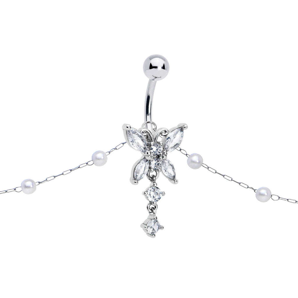BodyCandy Clear CZ Gem Glam Butterfly Faux Pearl Dangle Belly Ring Belly Chain — lifestyle context
