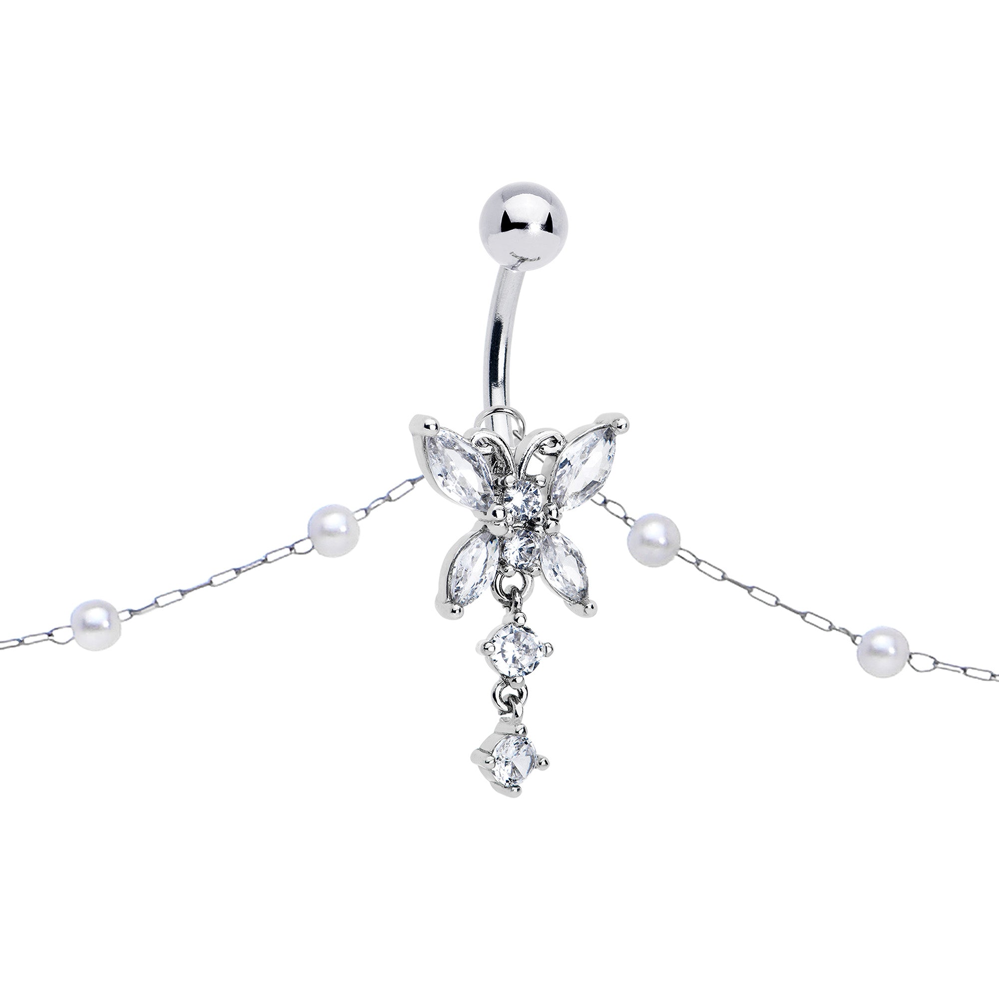 BodyCandy Clear CZ Gem Glam Butterfly Faux Pearl Dangle Belly Ring Belly Chain — lifestyle context