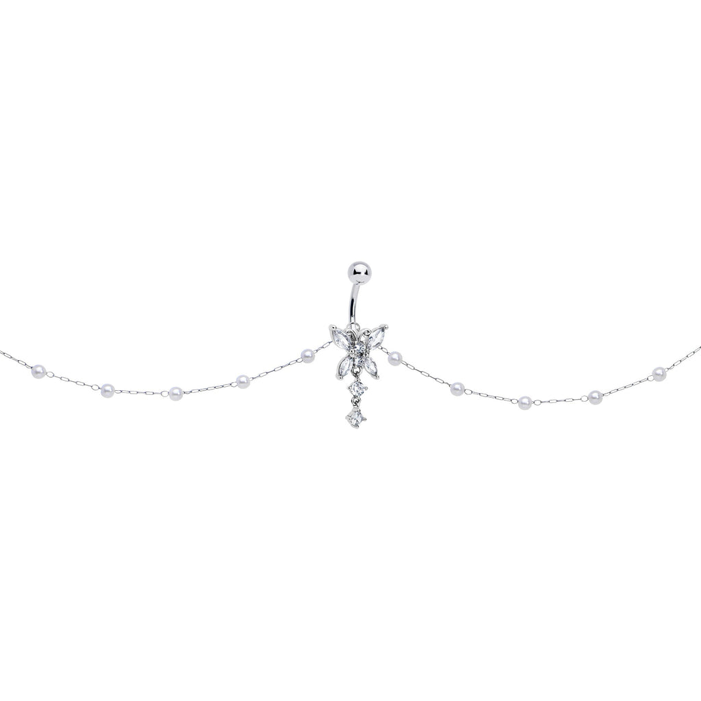 BodyCandy Clear CZ Gem Glam Butterfly Faux Pearl Dangle Belly Ring Belly Chain — side view