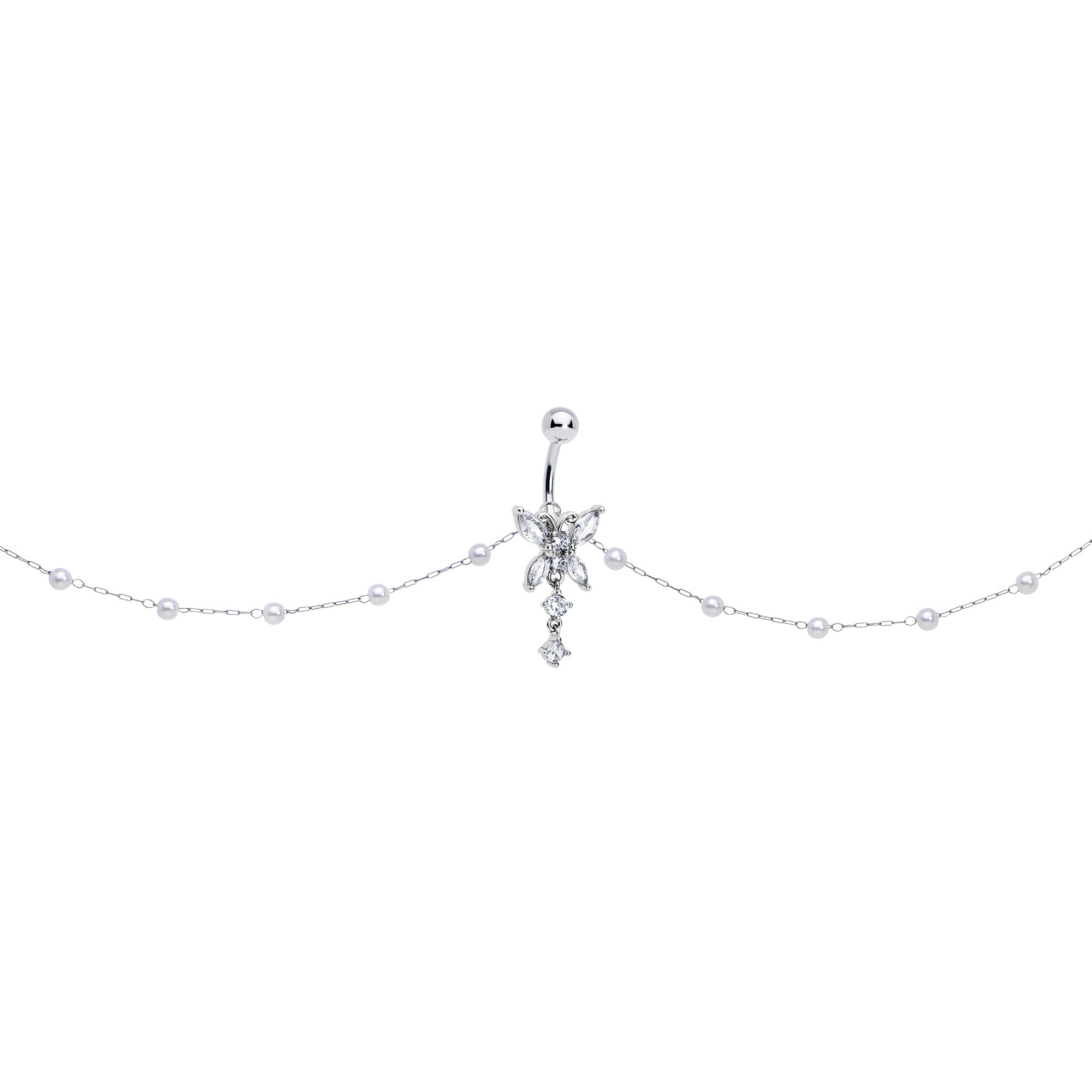 BodyCandy Clear CZ Gem Glam Butterfly Faux Pearl Dangle Belly Ring Belly Chain — side view