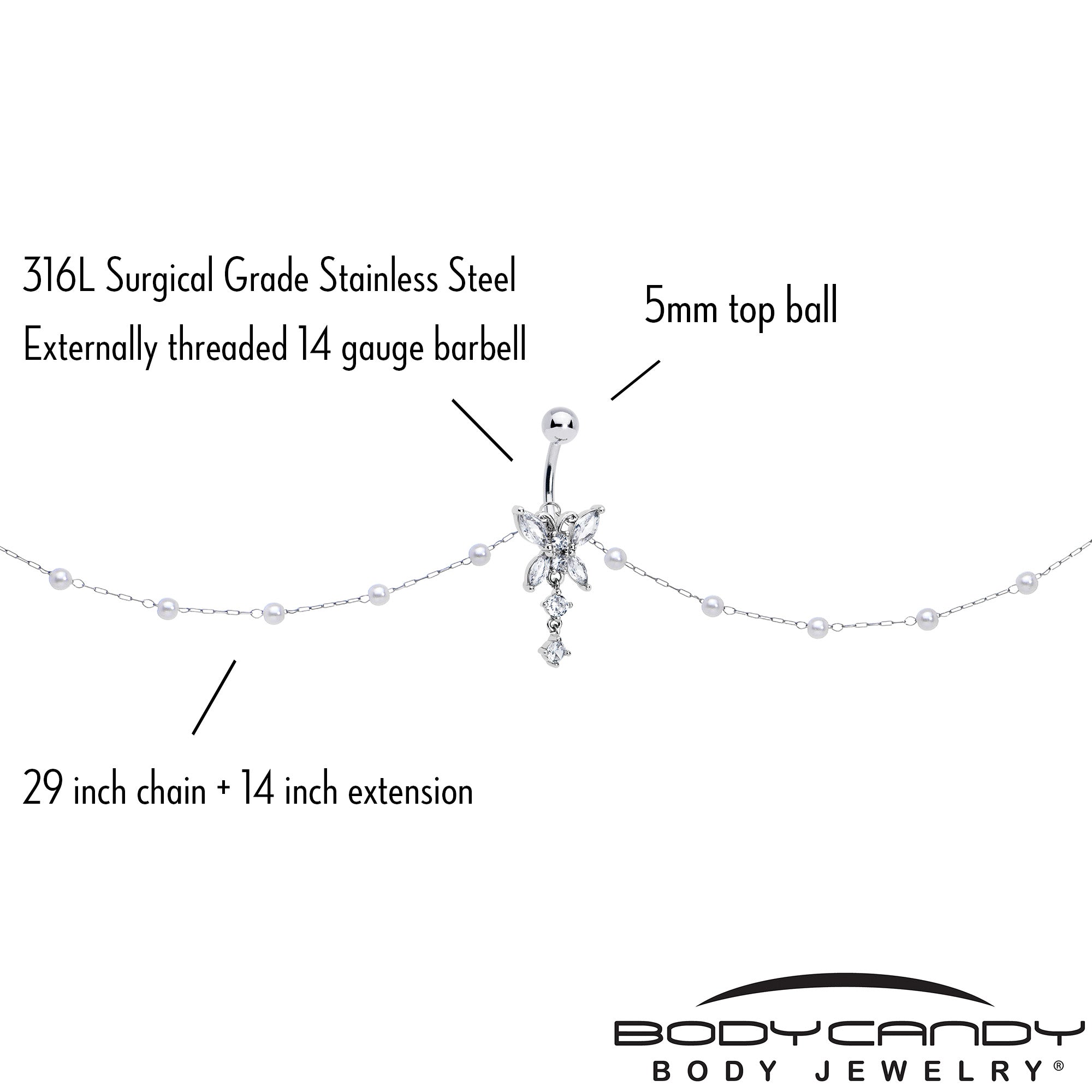 BodyCandy Clear CZ Gem Glam Butterfly Faux Pearl Dangle Belly Ring Belly Chain — back view