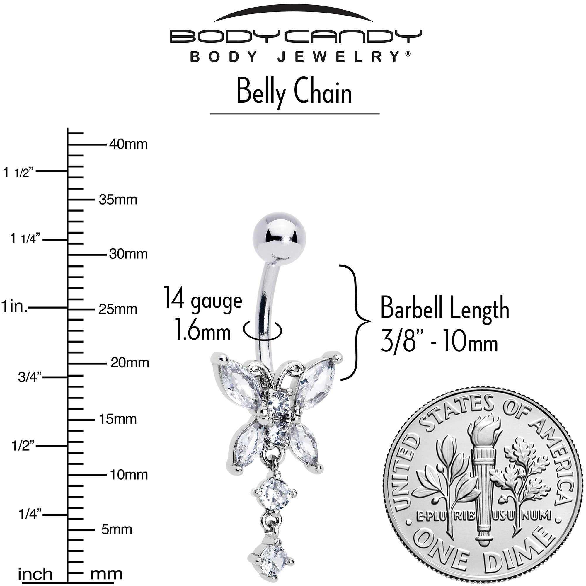 BodyCandy Clear CZ Gem Glam Butterfly Faux Pearl Dangle Belly Ring Belly Chain — alternative angle