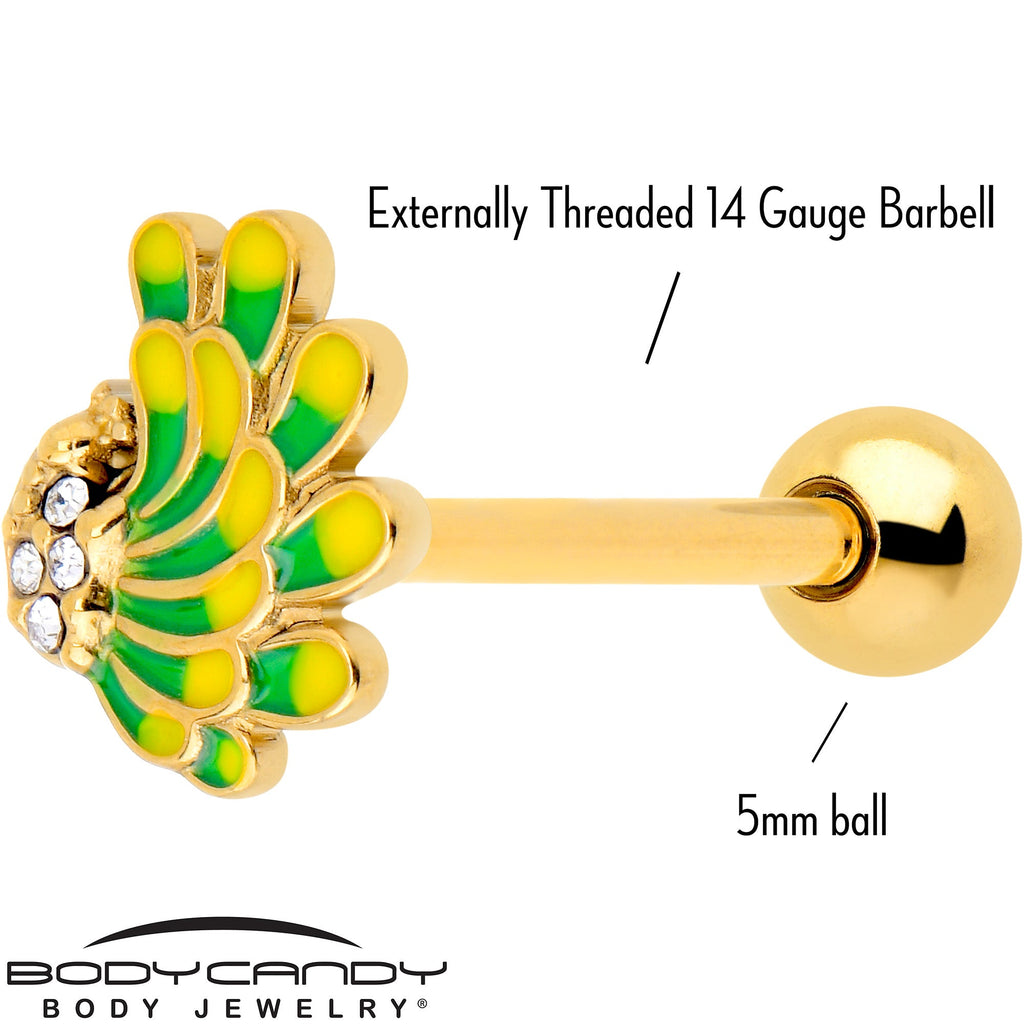 BodyCandy Clear Gem Gold Tone Peacock Green Yellow Barbell Tongue Ring — detail close-up