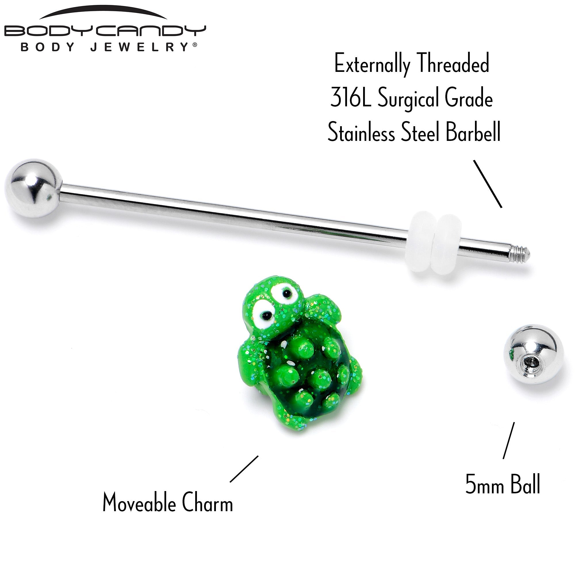 BodyCandy 14G Texture Turtle Industrial Barbell 38mm — back view