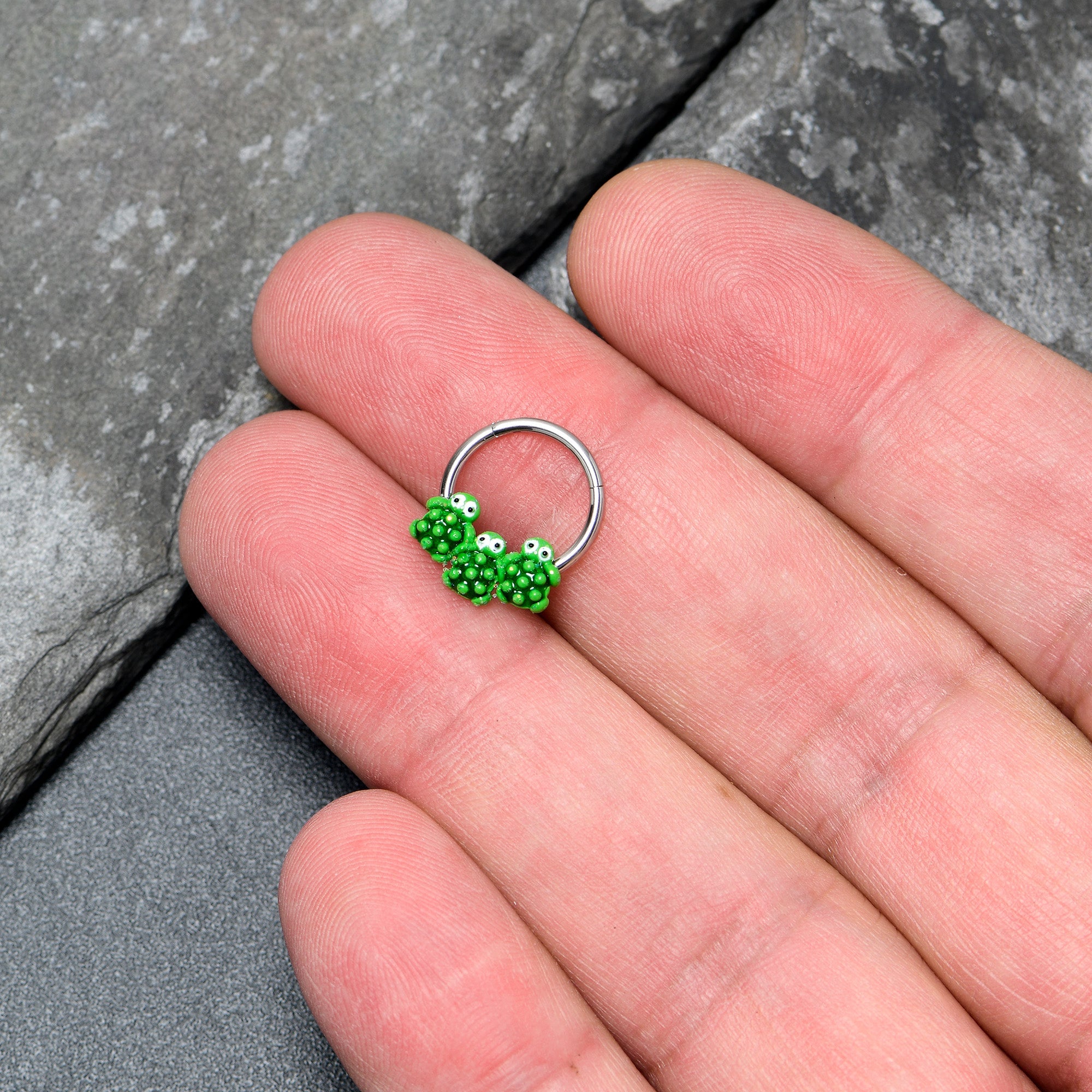BodyCandy 16G 3/8 Texture Turtle Trio Hinged Segment Ring — lifestyle context