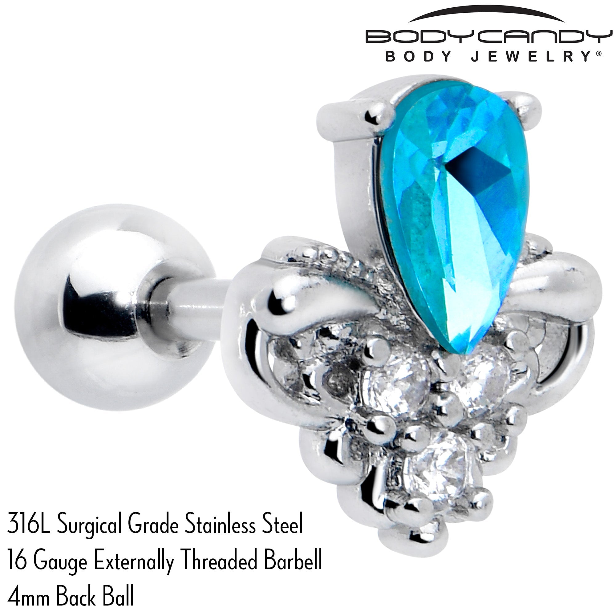 BodyCandy 16G 1/4 Blue Gem Style Simplicity Cartilage Tragus Earring — detail close-up