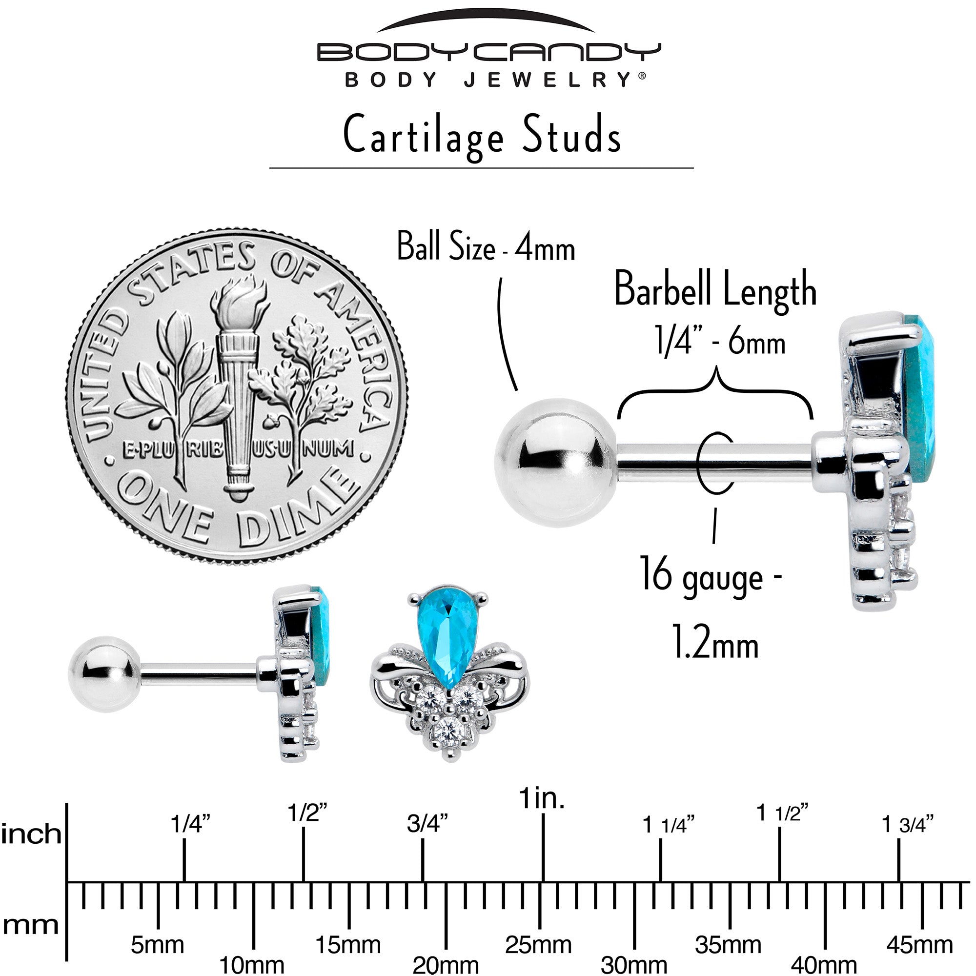 BodyCandy 16G 1/4 Blue Gem Style Simplicity Cartilage Tragus Earring — back view