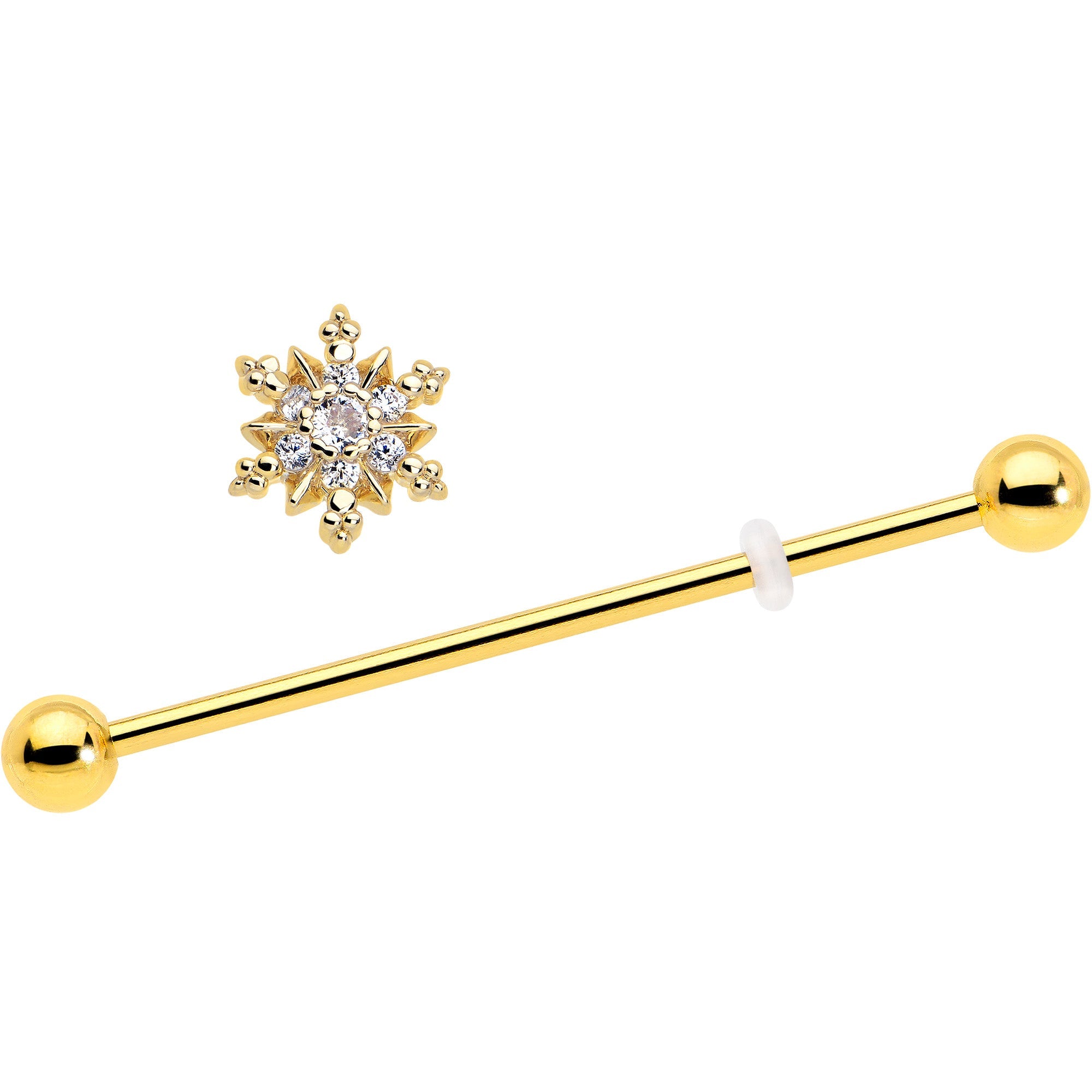 BodyCandy 14G Clear CZ Gem Gold Tone Glam Snowflake Industrial Barbell 38mm — detail close-up