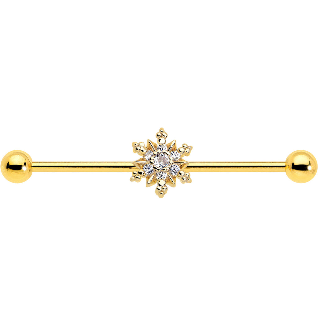 BodyCandy 14G Clear CZ Gem Gold Tone Glam Snowflake Industrial Barbell 38mm — lifestyle context
