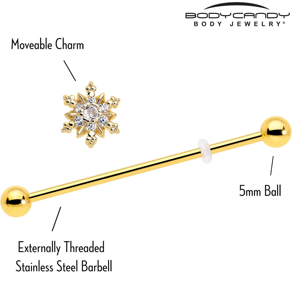 BodyCandy 14G Clear CZ Gem Gold Tone Glam Snowflake Industrial Barbell 38mm — side view